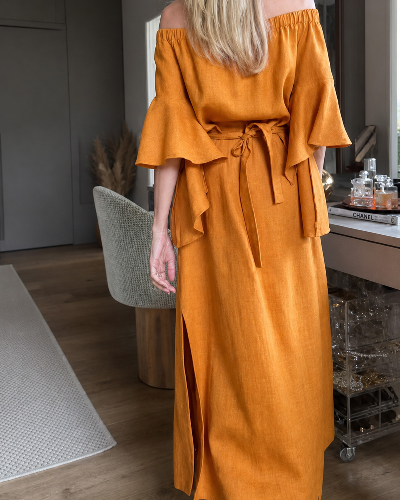 Casual Linen Solid Color Off-shoulder Tie-Waist Dress