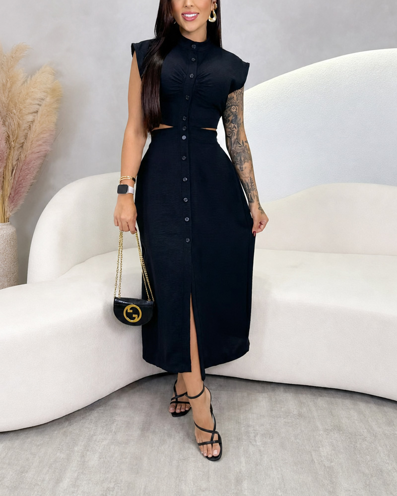 Casual Button-Down Waist Cutout Design Sleeveless Dress
