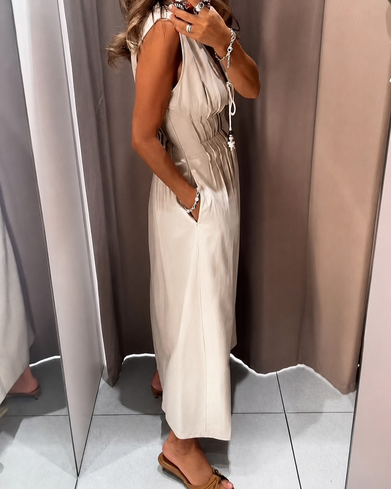 Casual Solid Color V-Neck Waist Design Dresses