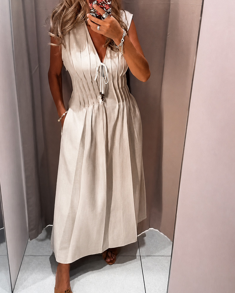 Casual Solid Color V-Neck Waist Design Dresses