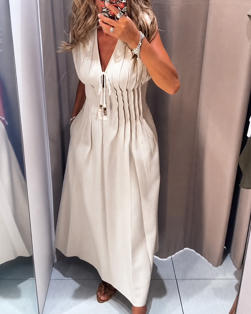Casual Solid Color V-Neck Waist Design Dresses