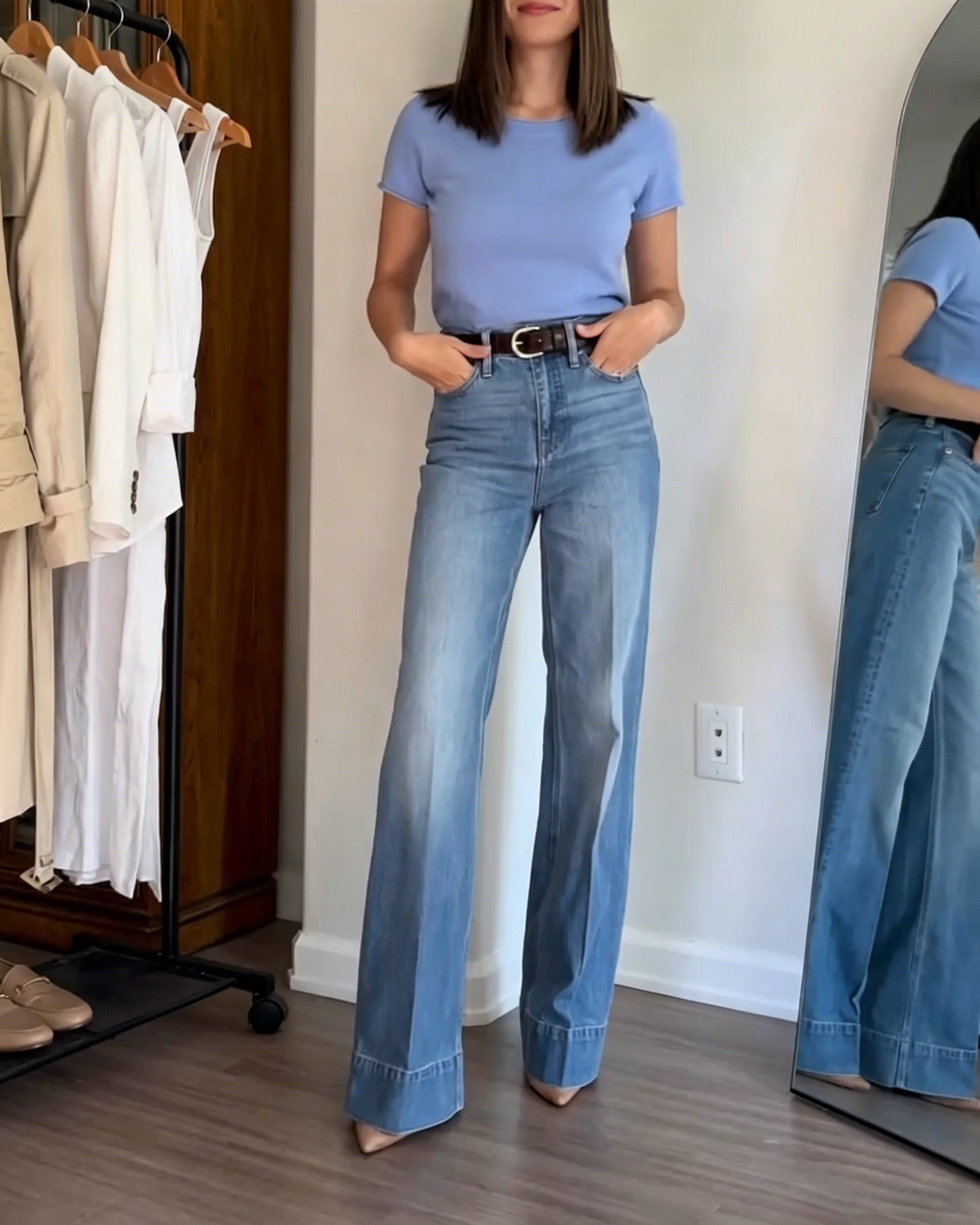 Casual High Waist Light Wash Flare Denim Jeans