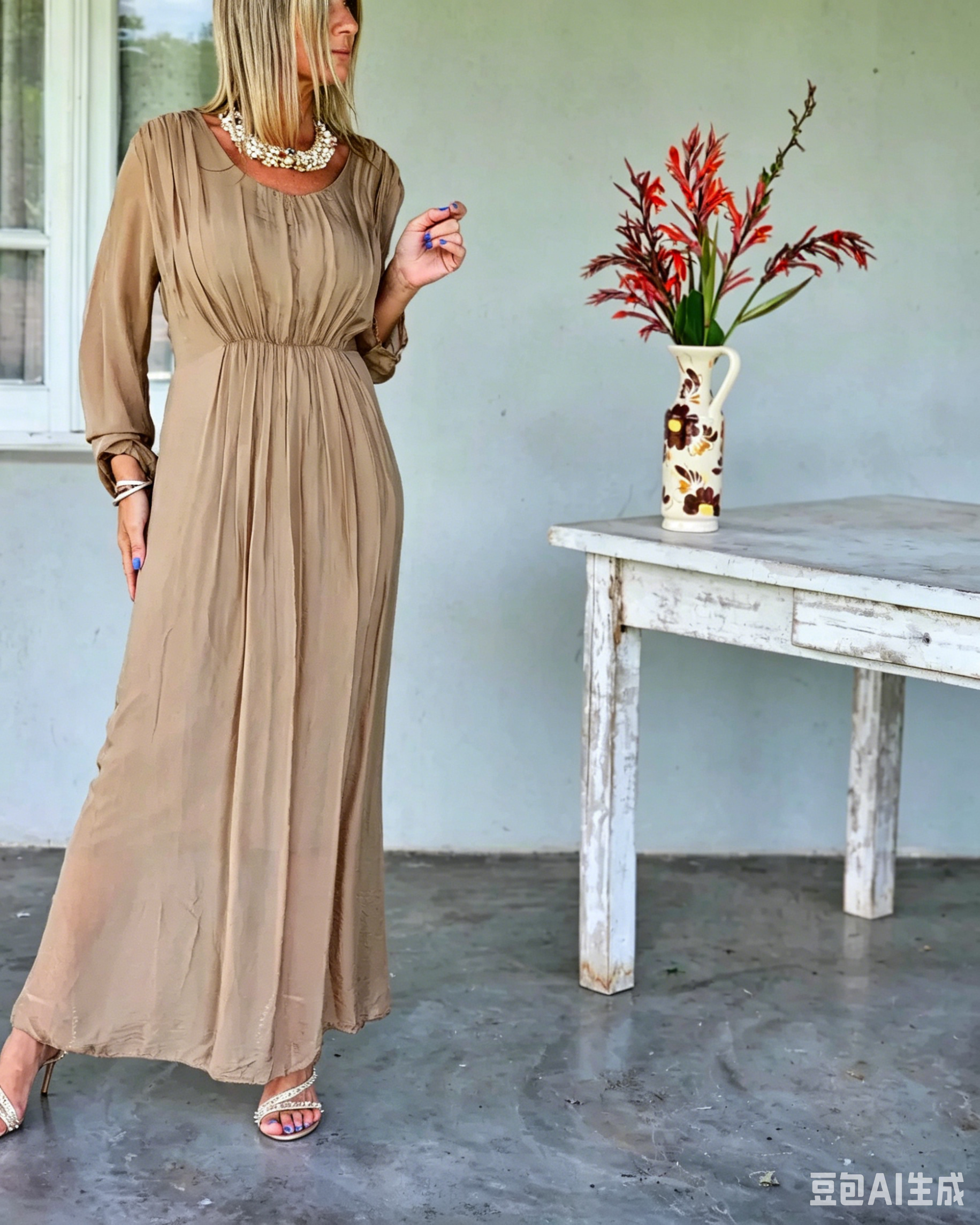 Casual Linen Long Sleeve Waist Shaping Solid Color Maxi Dress