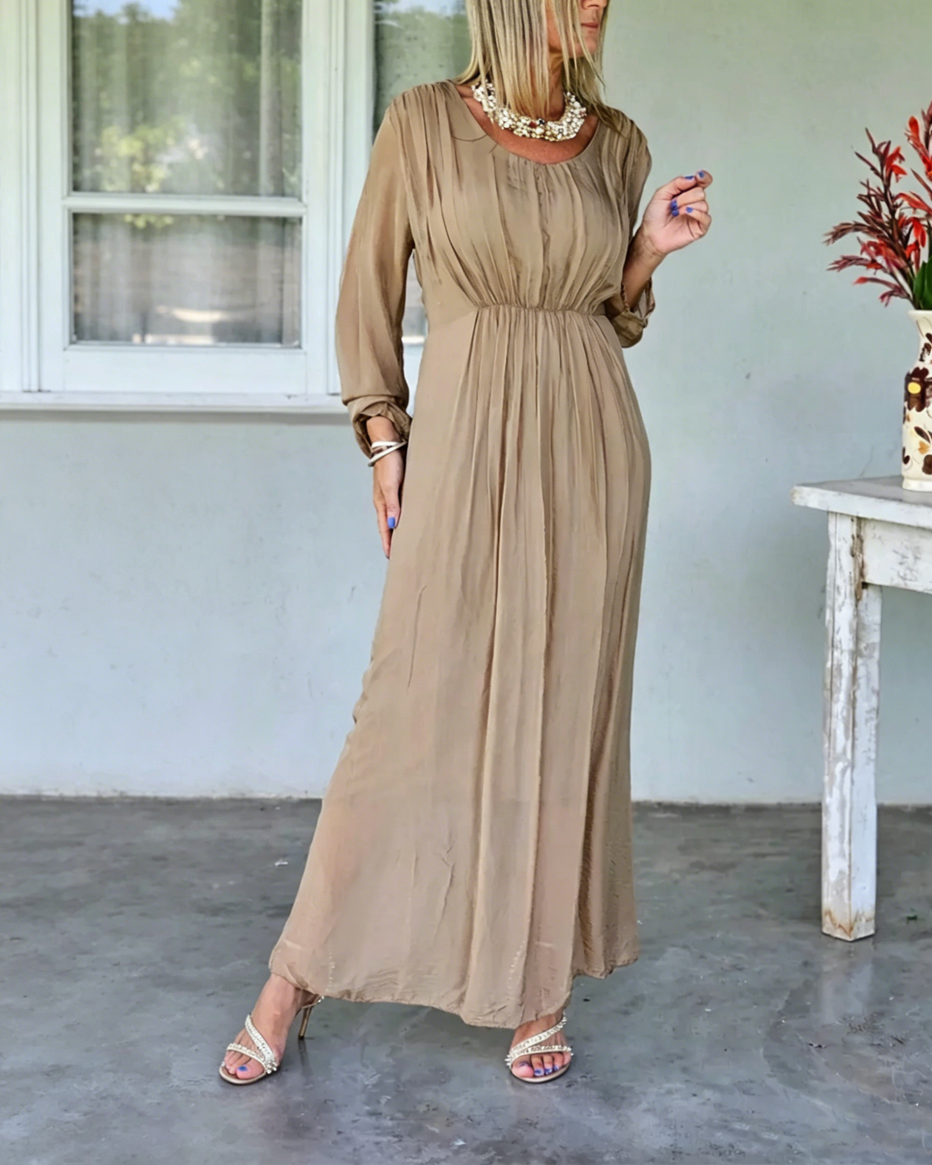 Casual Linen Long Sleeve Waist Shaping Solid Color Maxi Dress