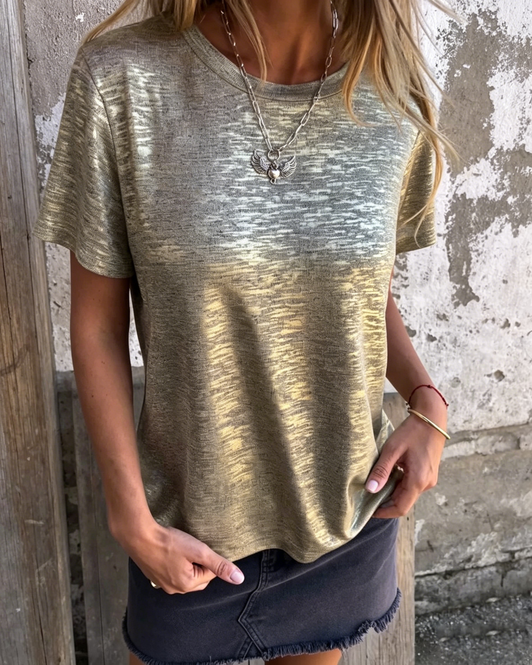 Women's Hot Stamping Round Neck Short-sleeved V Neck T-shirt