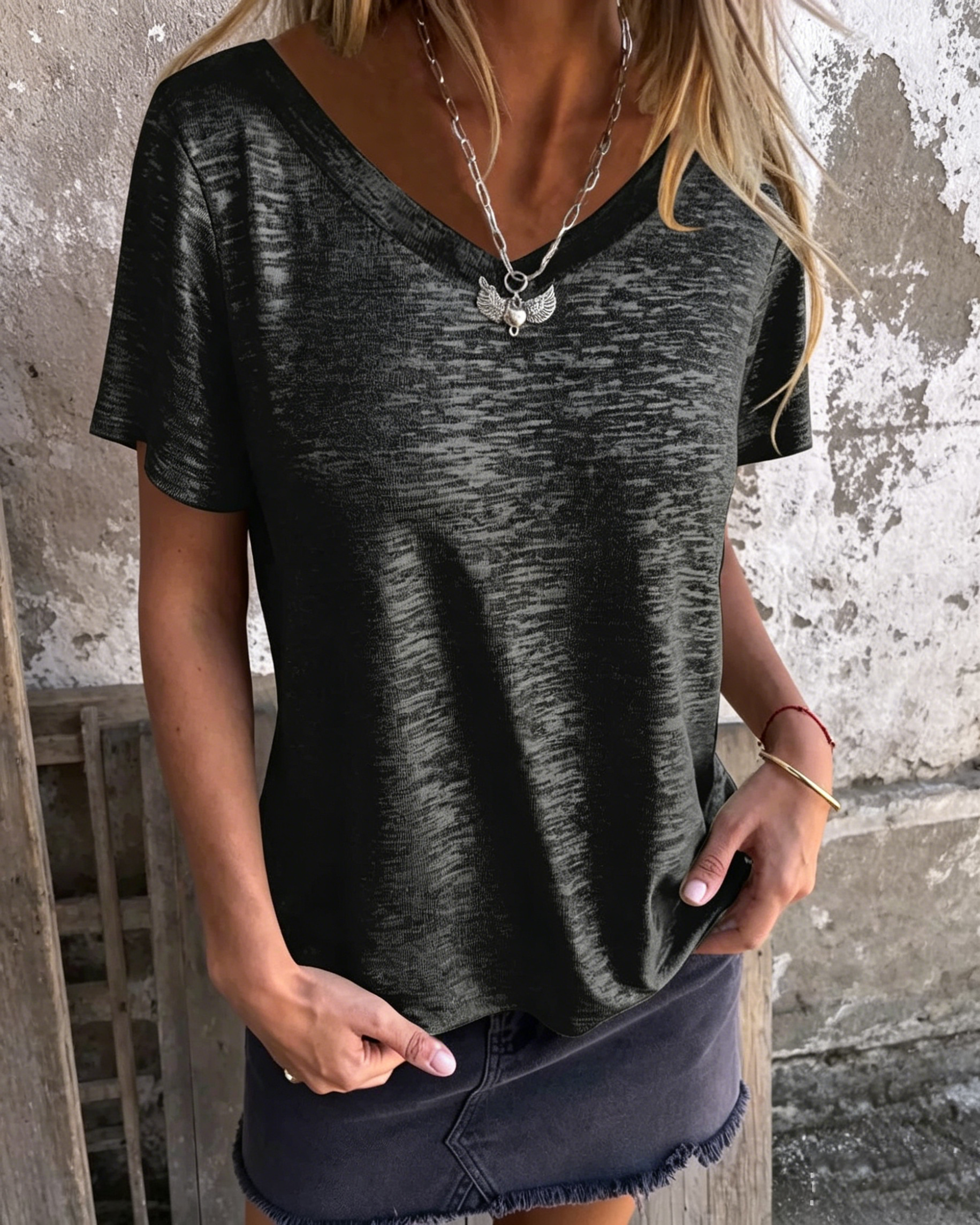 Women's Hot Stamping Round Neck Short-sleeved V Neck T-shirt