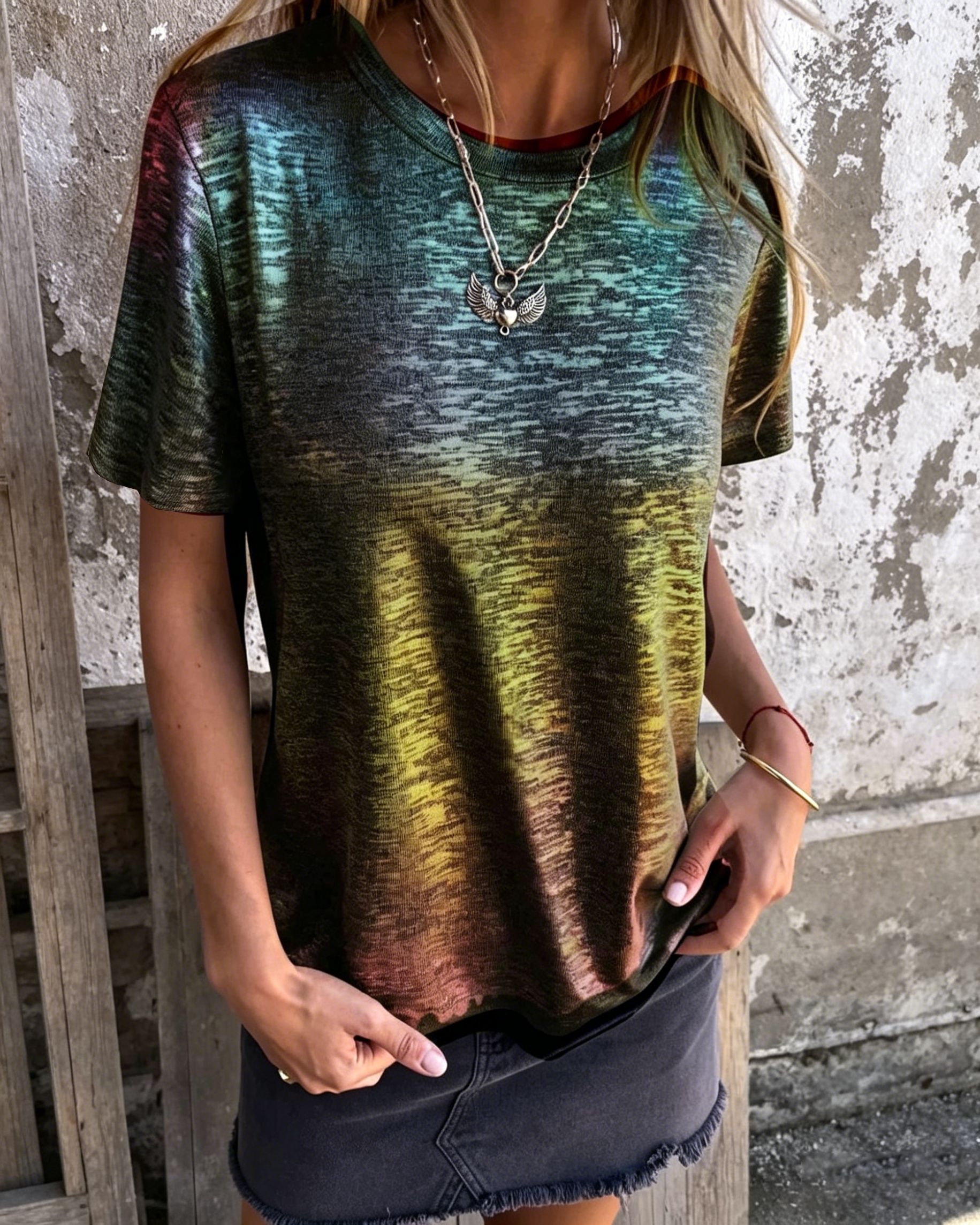 Women's Hot Stamping Round Neck Short-sleeved V Neck T-shirt