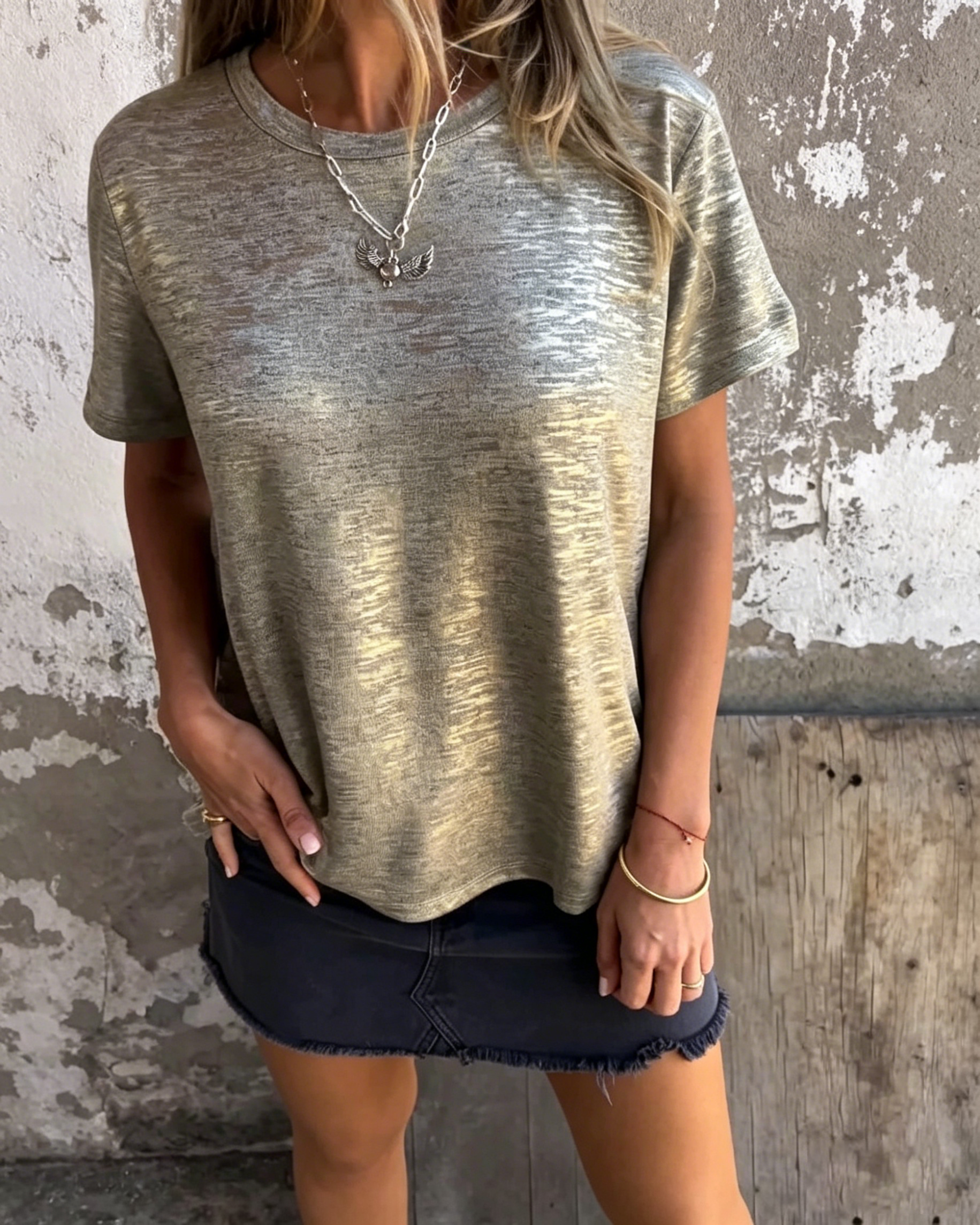 Women's Hot Stamping Round Neck Short-sleeved V Neck T-shirt