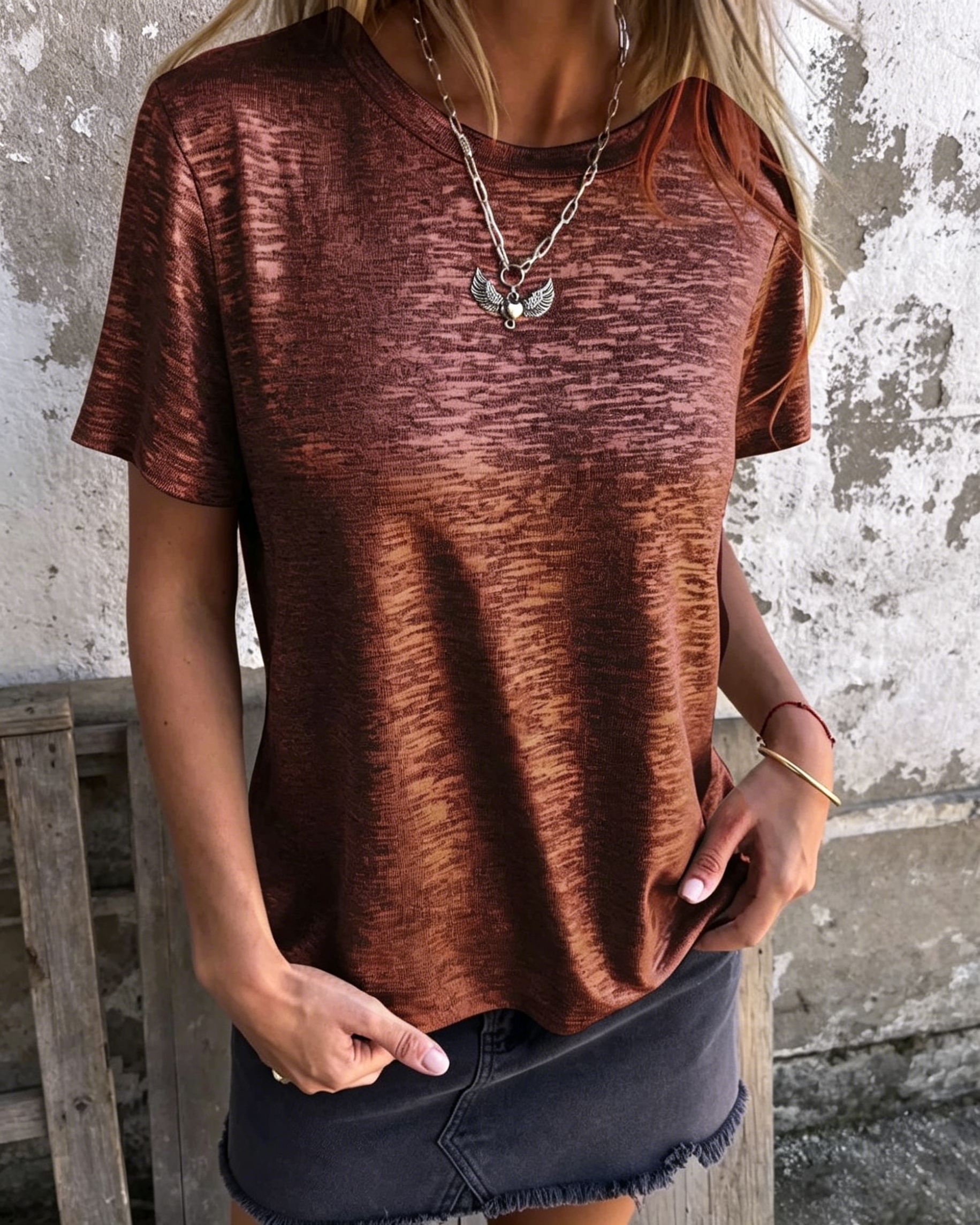 Women's Hot Stamping Round Neck Short-sleeved V Neck T-shirt