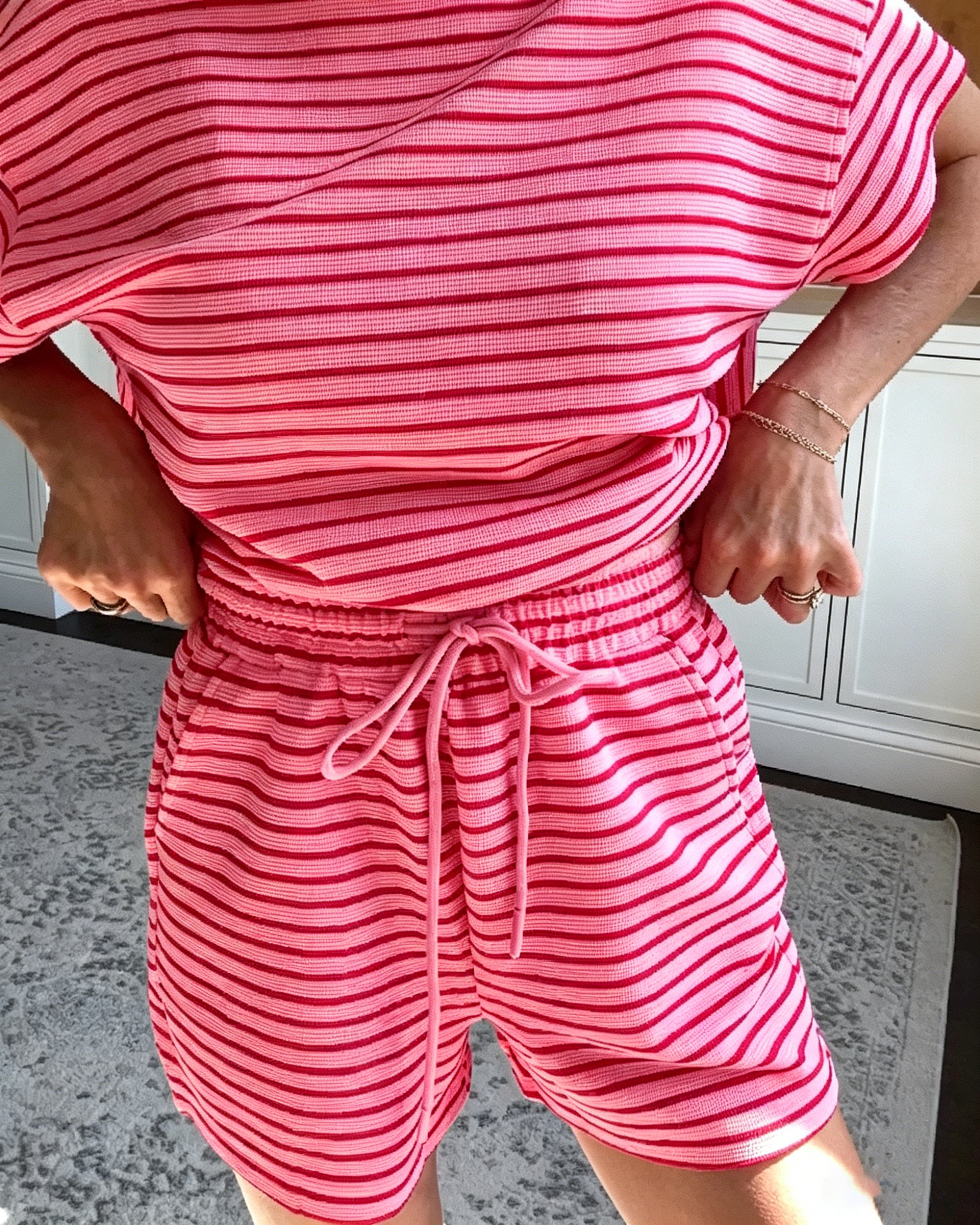 Women's Pink Striped Waffle Knit Co-ord Set - Loose Fit Summer Outfit
