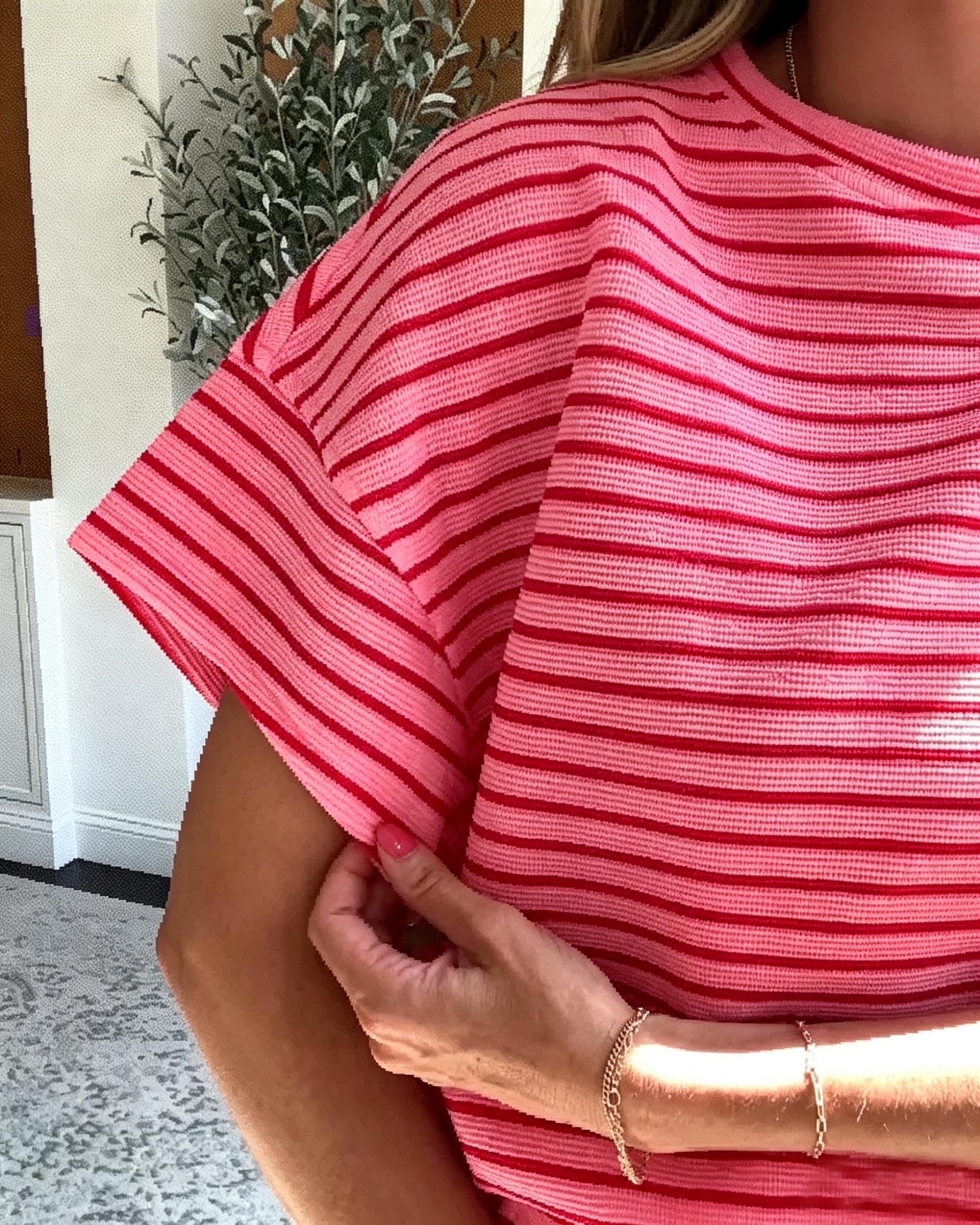 Women's Pink Striped Waffle Knit Co-ord Set - Loose Fit Summer Outfit