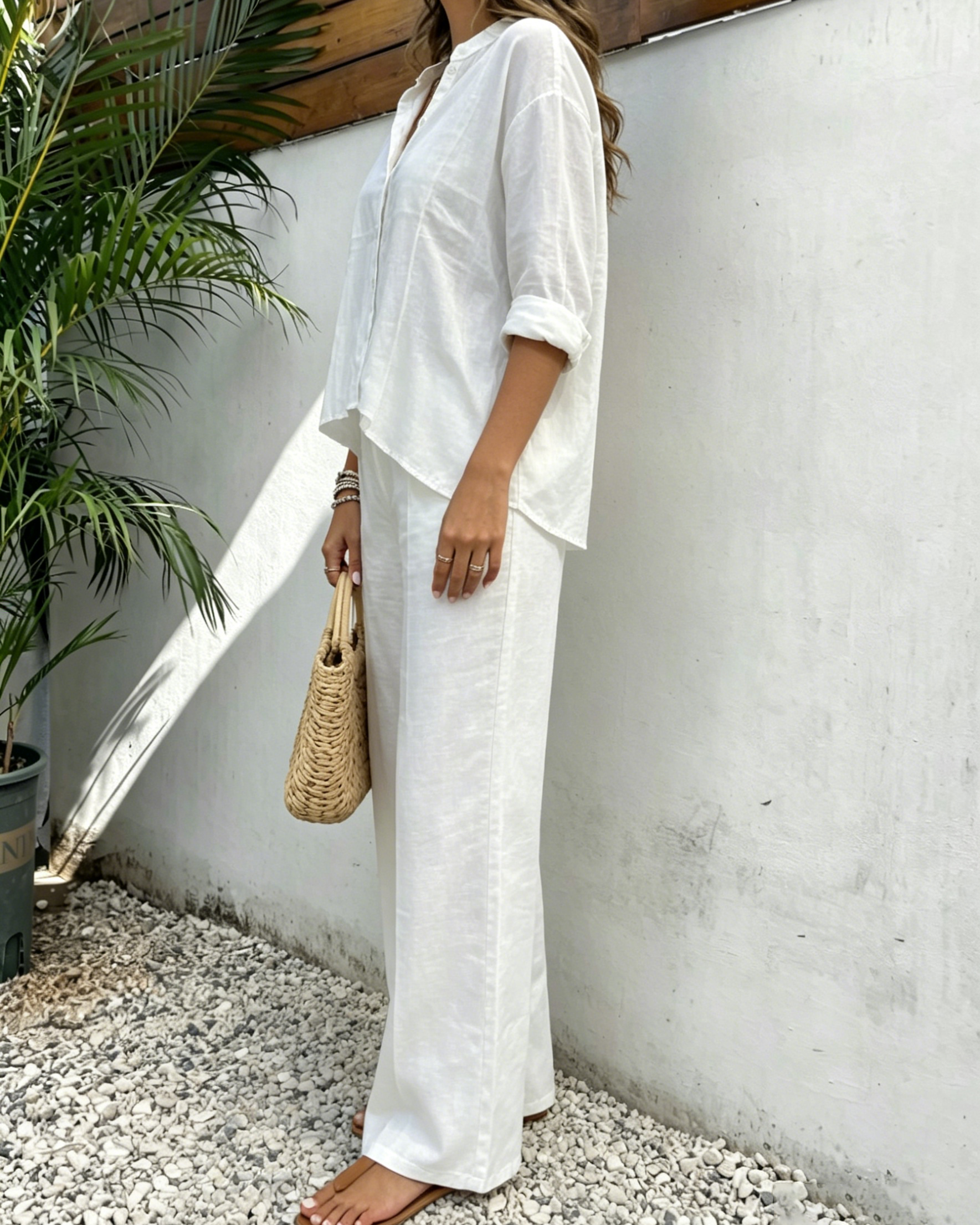 Women's White Casual Linen Co-ord Set - Long Sleeve Shirt and Palazzo Pants