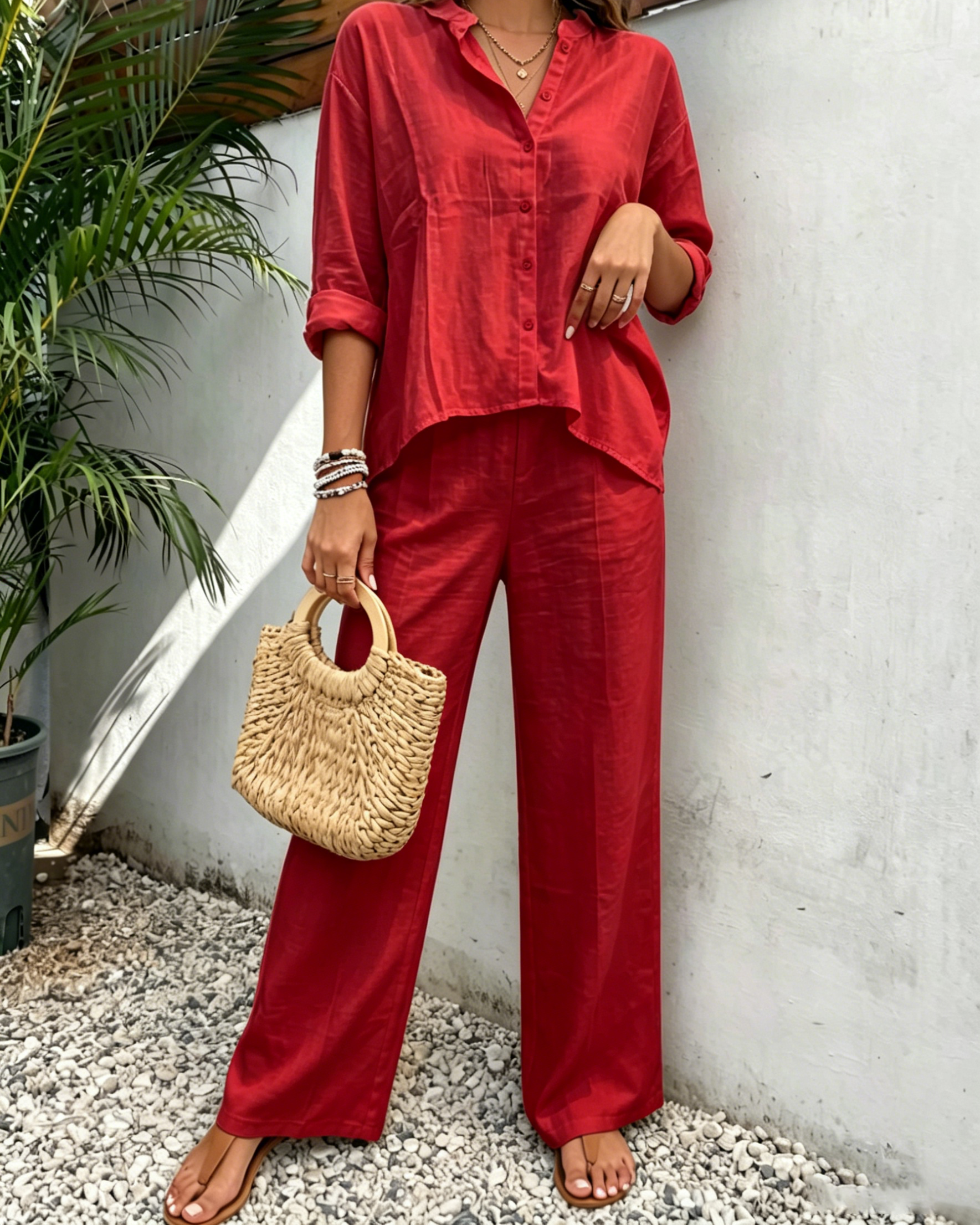 Women's White Casual Linen Co-ord Set - Long Sleeve Shirt and Palazzo Pants
