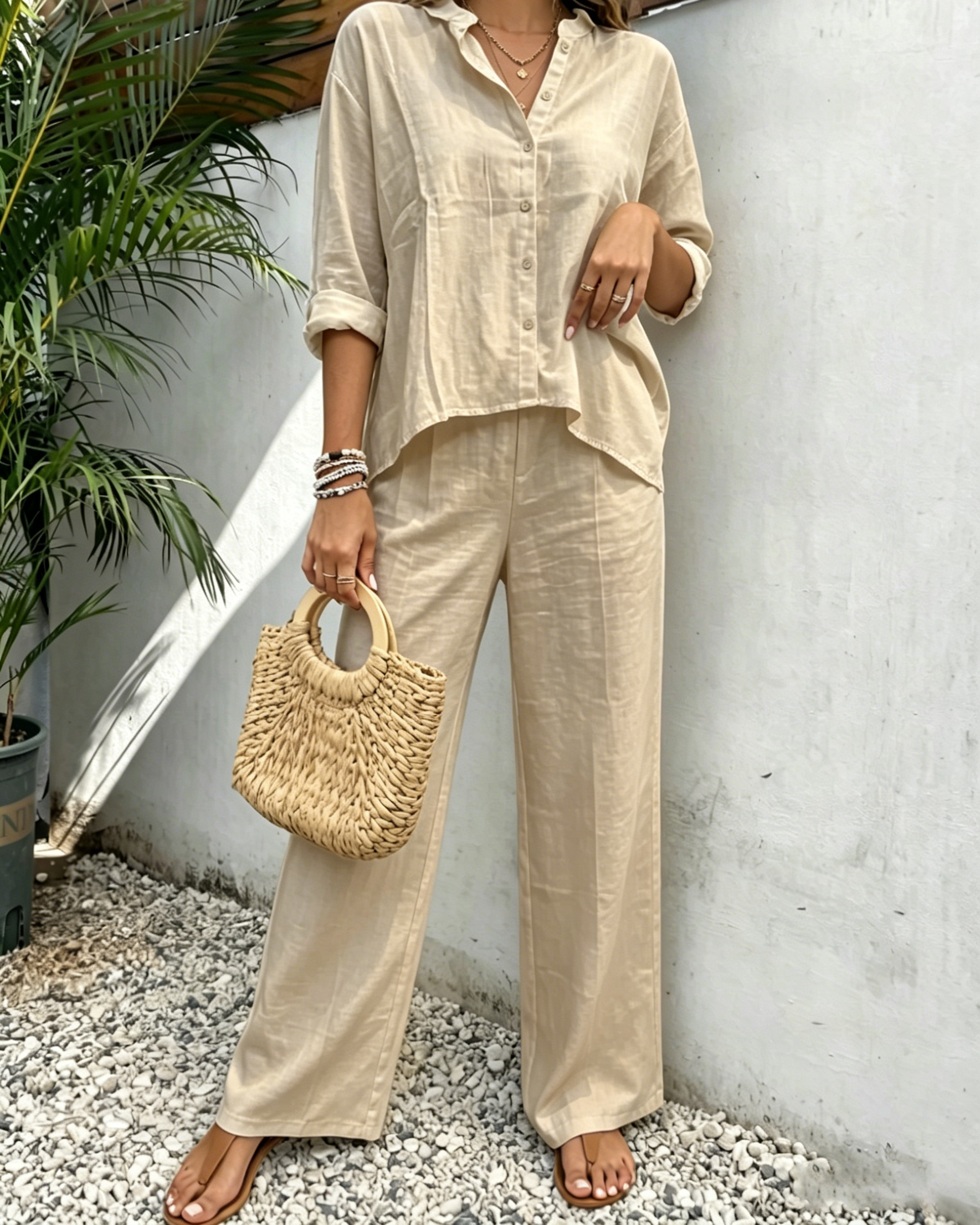 Women's White Casual Linen Co-ord Set - Long Sleeve Shirt and Palazzo Pants