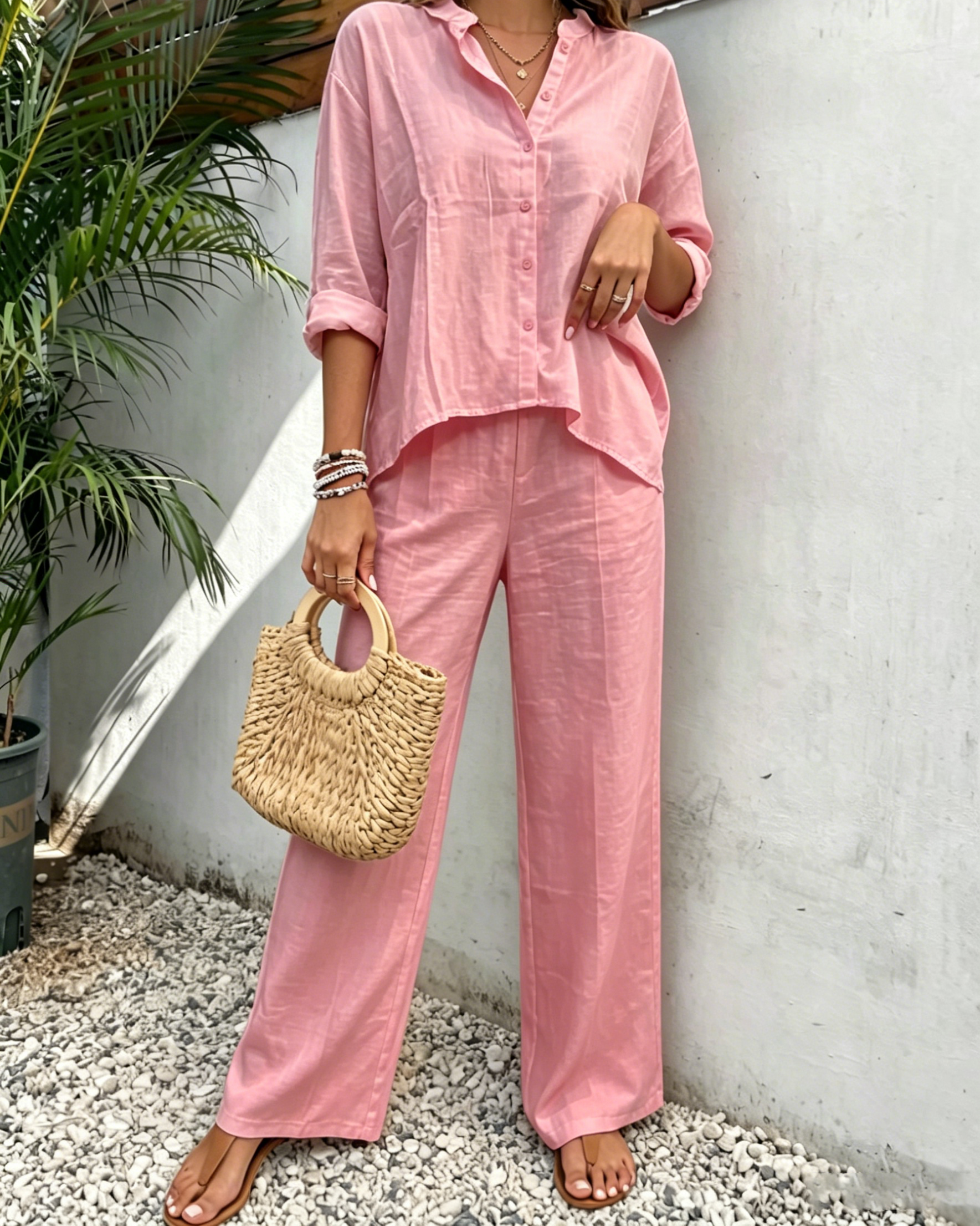 Women's White Casual Linen Co-ord Set - Long Sleeve Shirt and Palazzo Pants