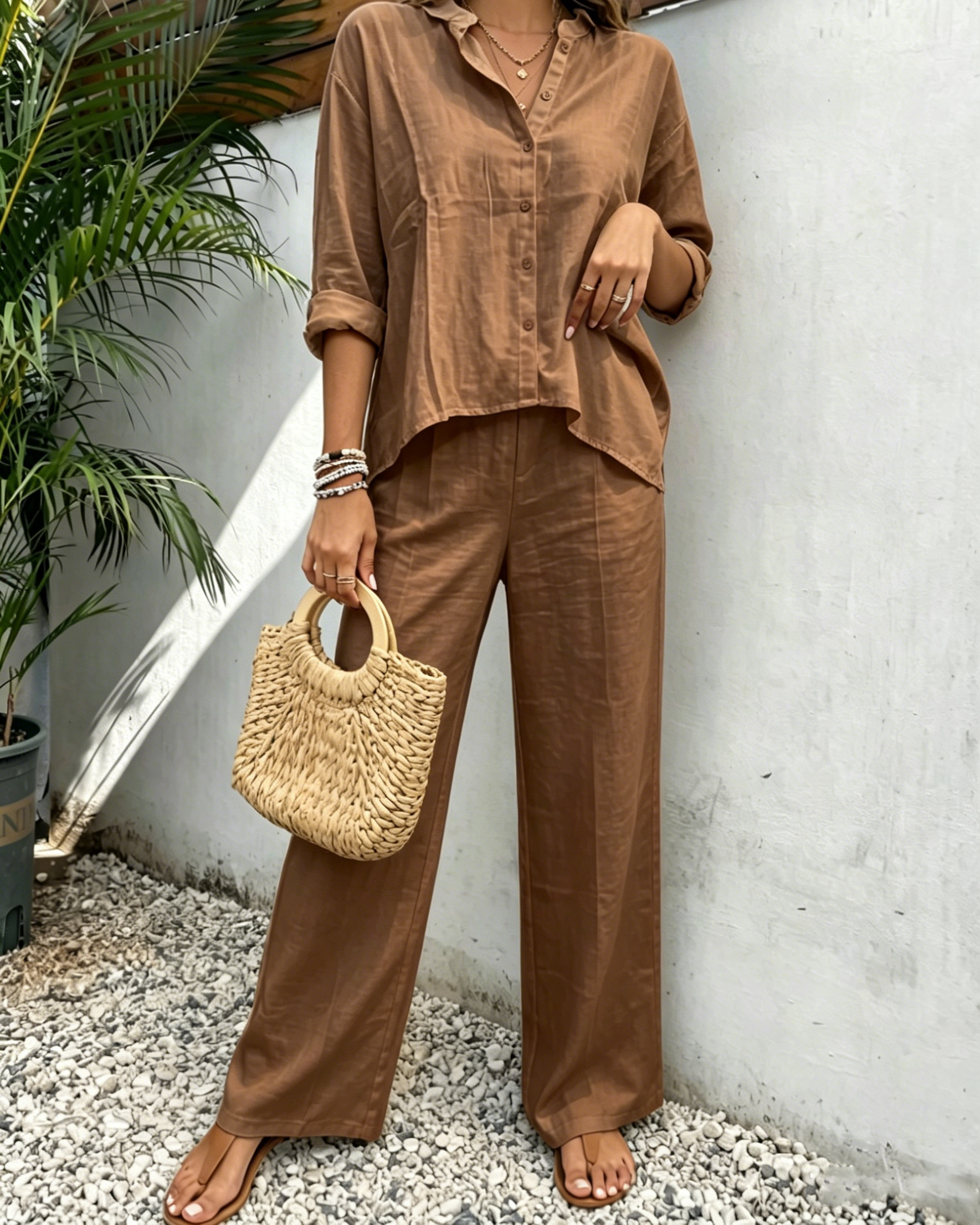 Women's White Casual Linen Co-ord Set - Long Sleeve Shirt and Palazzo Pants