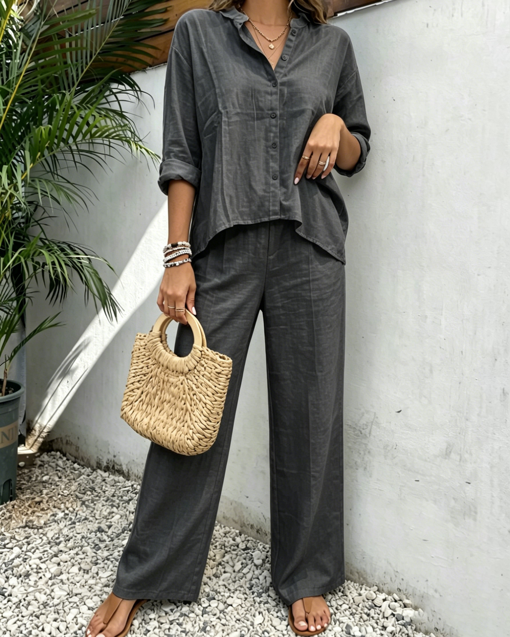 Women's White Casual Linen Co-ord Set - Long Sleeve Shirt and Palazzo Pants