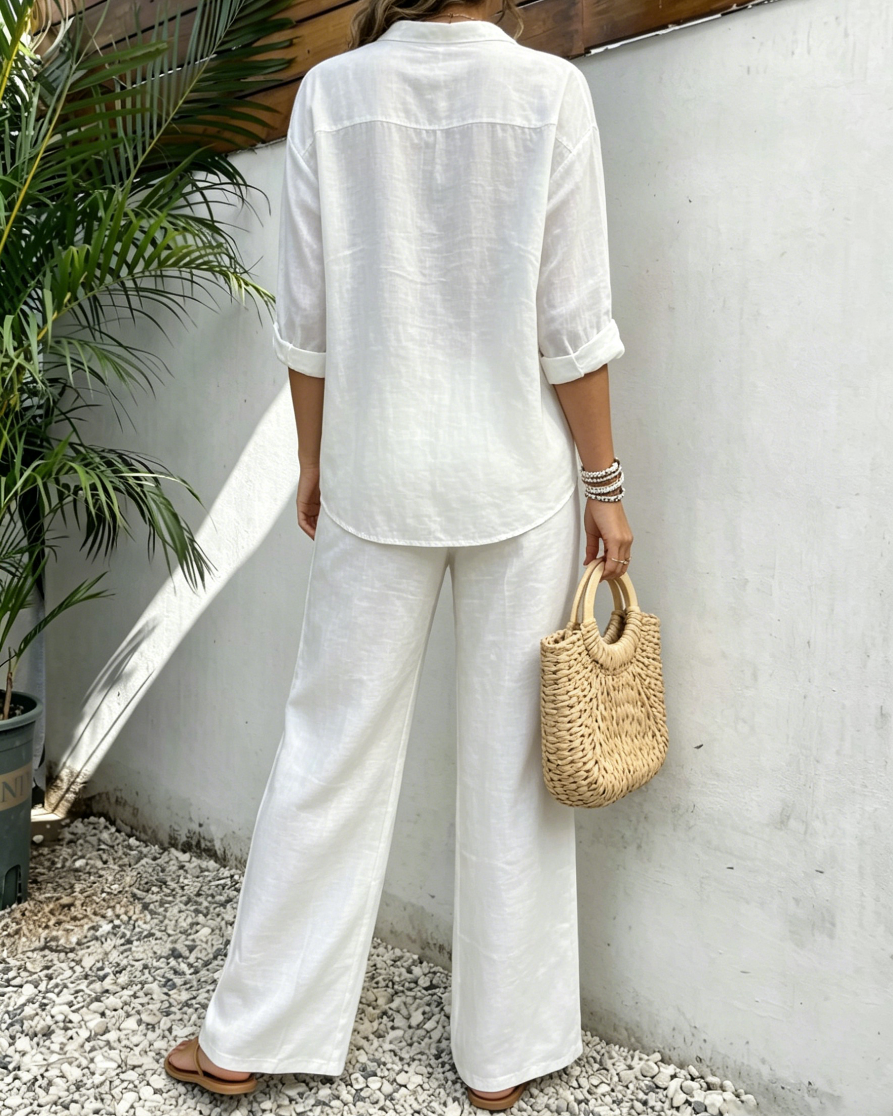 Women's White Casual Linen Co-ord Set - Long Sleeve Shirt and Palazzo Pants