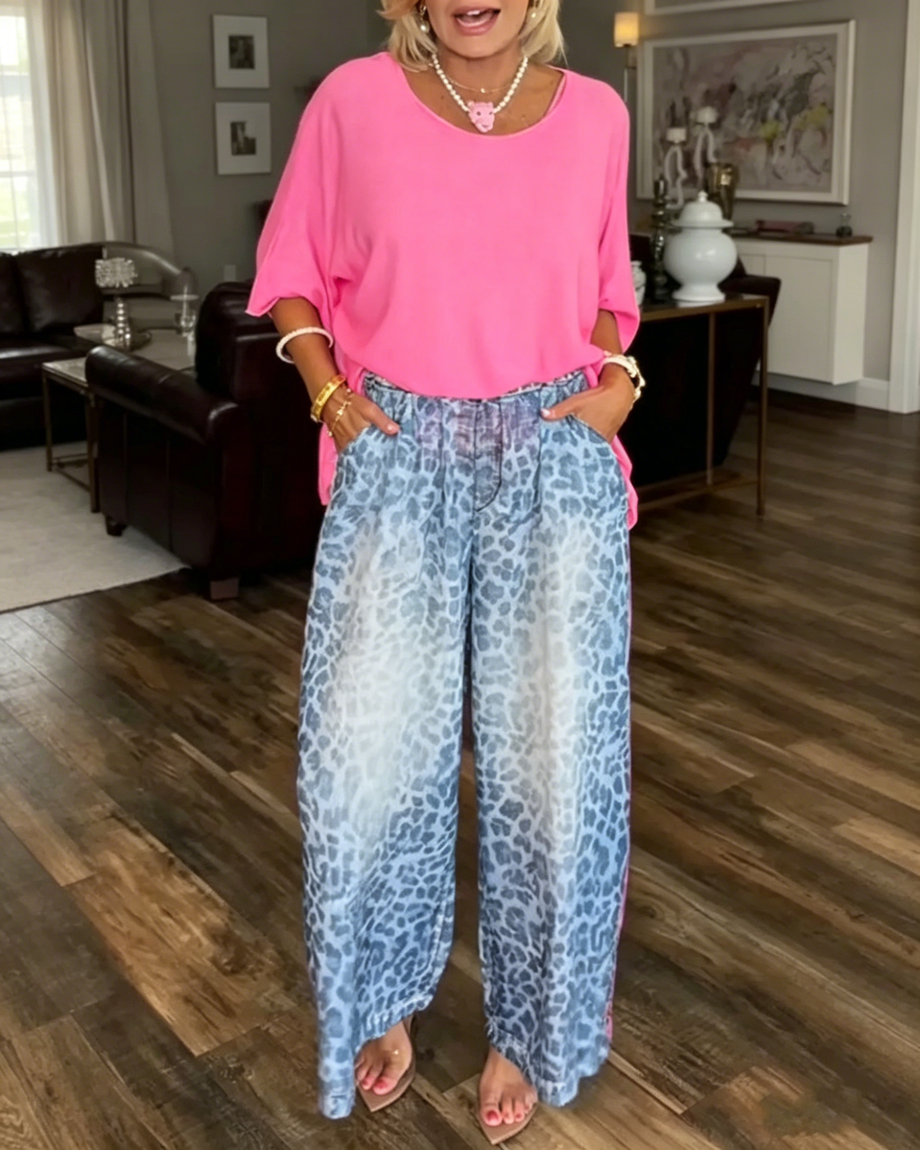 Women's Round Neck Solid Color Top or Leopard Print Pants