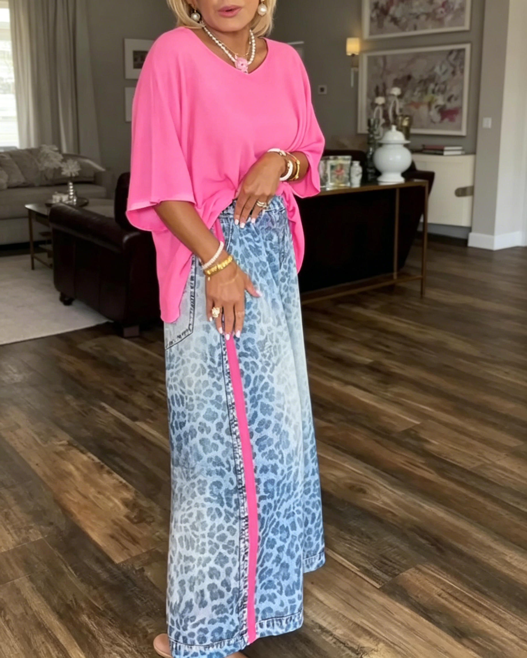 Women's Round Neck Solid Color Top or Leopard Print Pants