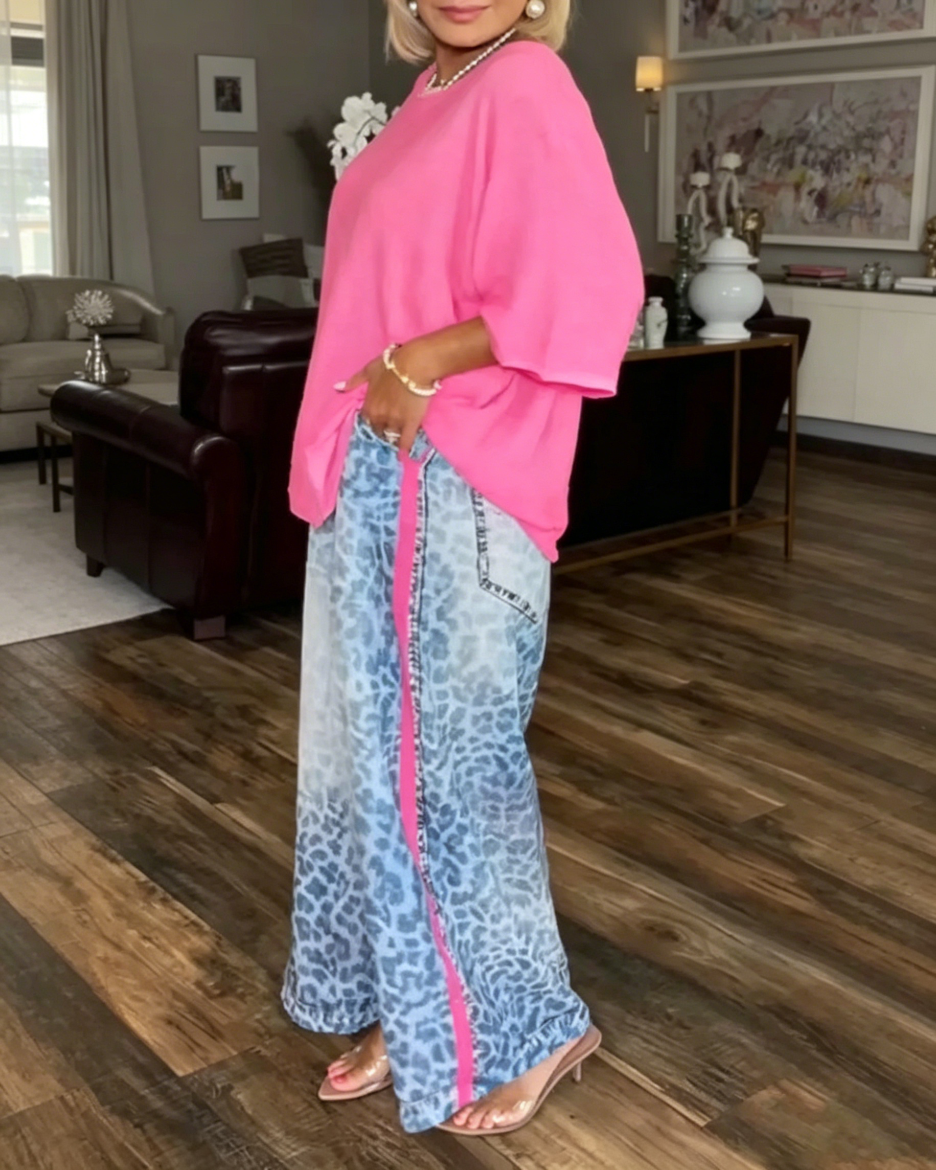 Women's Round Neck Solid Color Top or Leopard Print Pants