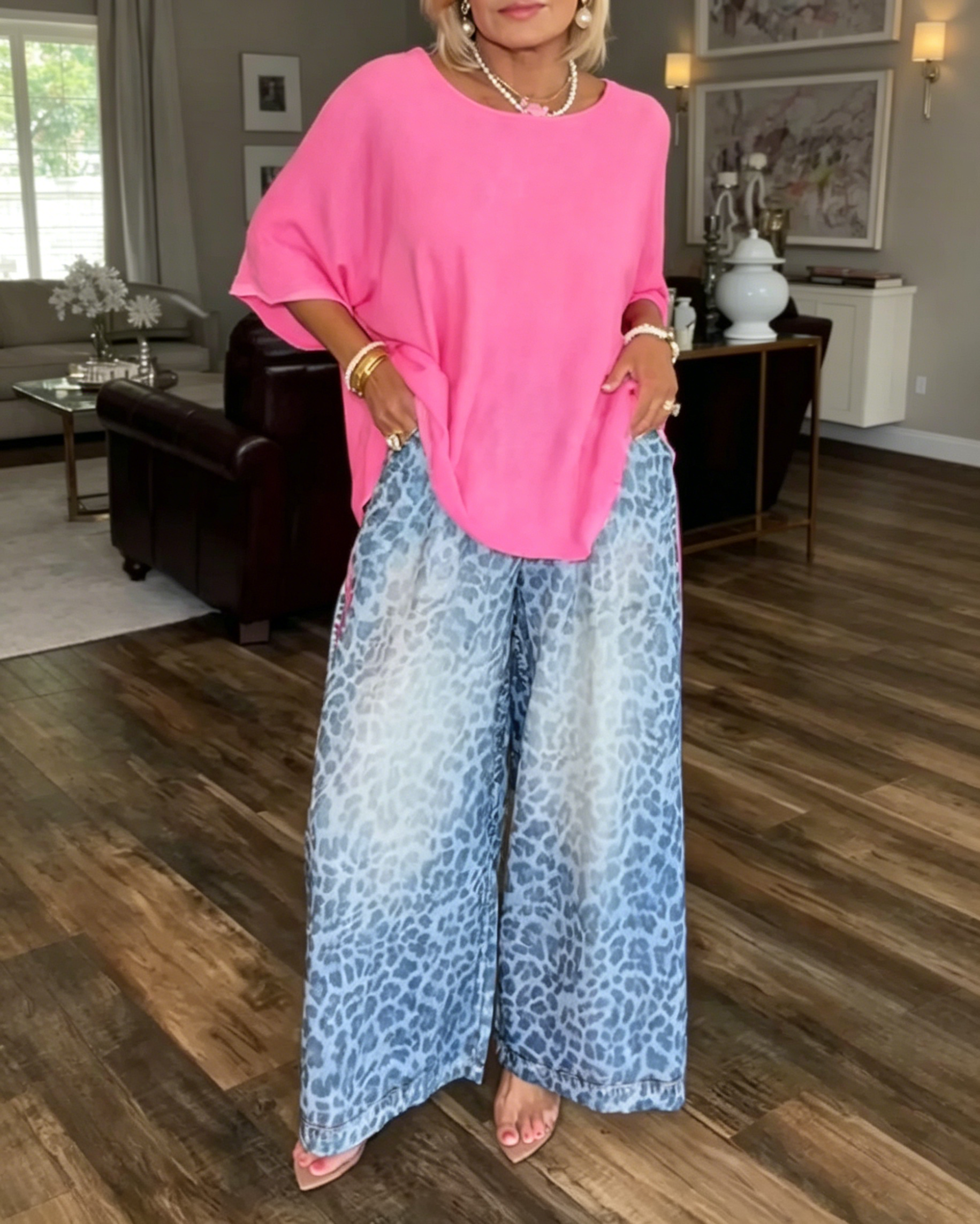 Women's Round Neck Solid Color Top or Leopard Print Pants