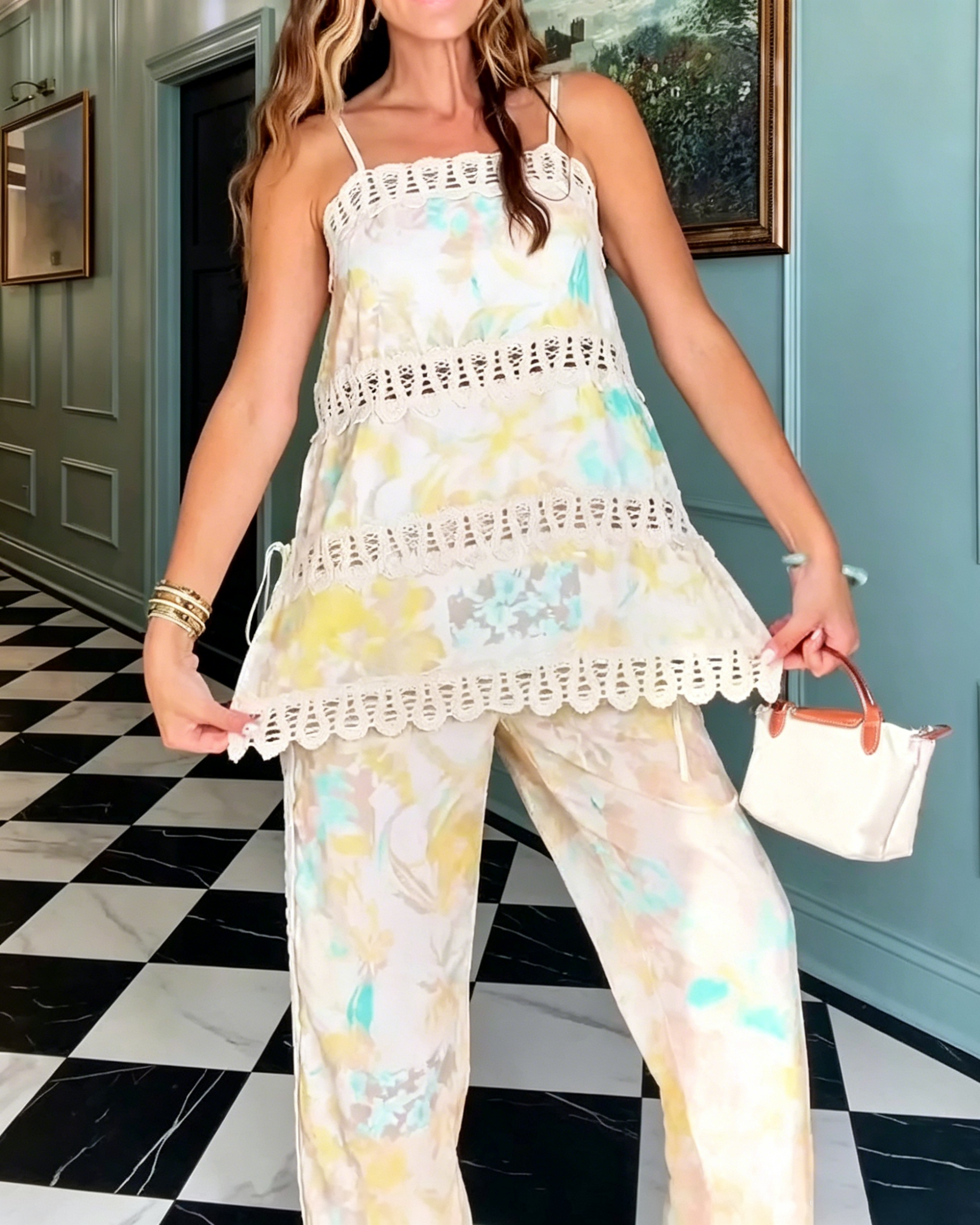 Women's Crochet Trim Spaghetti Strap Tank & Side Tie Wide Leg Pants Set, Watercolor Print Boho Vacation Two Piece Set