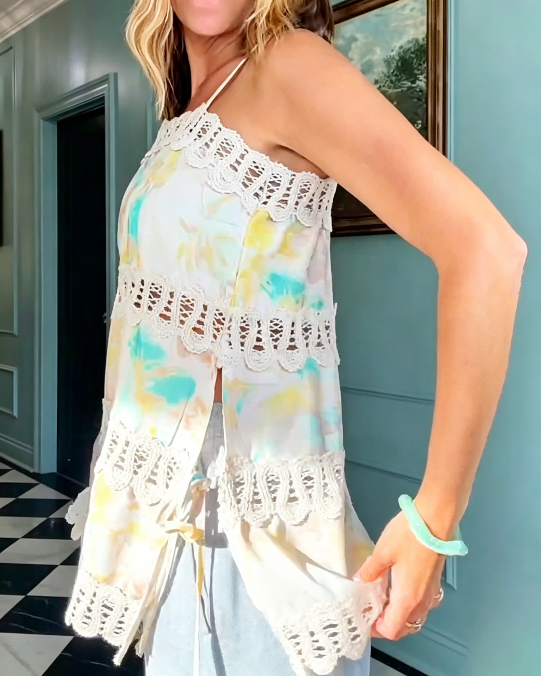 Women's Crochet Trim Spaghetti Strap Tank & Side Tie Wide Leg Pants Set, Watercolor Print Boho Vacation Two Piece Set