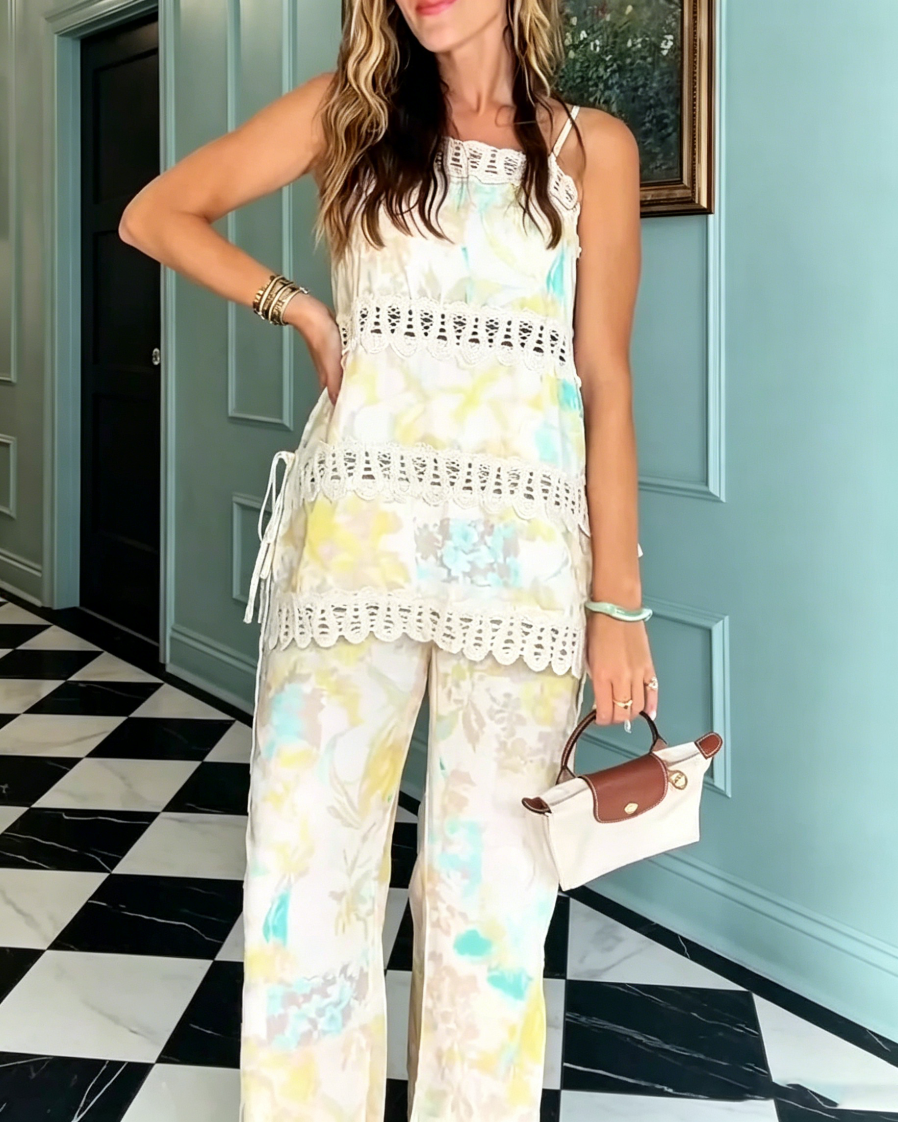 Women's Crochet Trim Spaghetti Strap Tank & Side Tie Wide Leg Pants Set, Watercolor Print Boho Vacation Two Piece Set