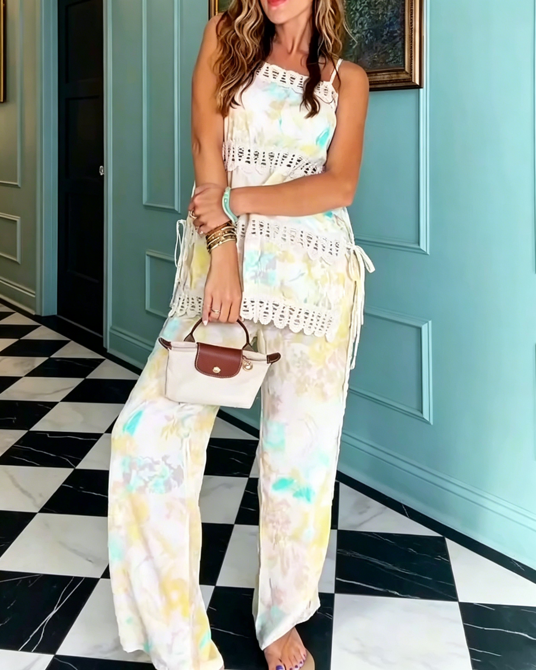 Women's Crochet Trim Spaghetti Strap Tank & Side Tie Wide Leg Pants Set, Watercolor Print Boho Vacation Two Piece Set