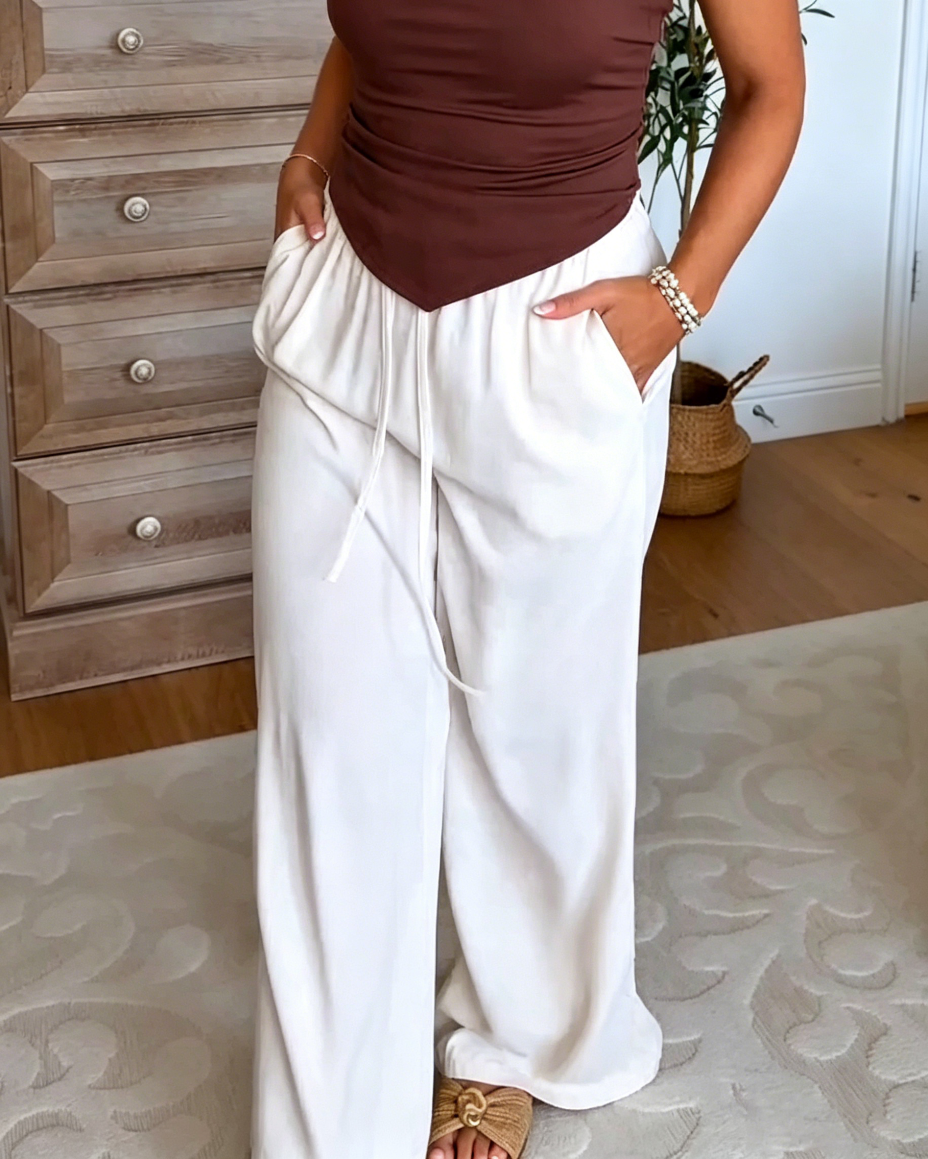 Women's Elastic Drawstring Waist Soft French Terry Wide Leg Casual Lounge Pant
