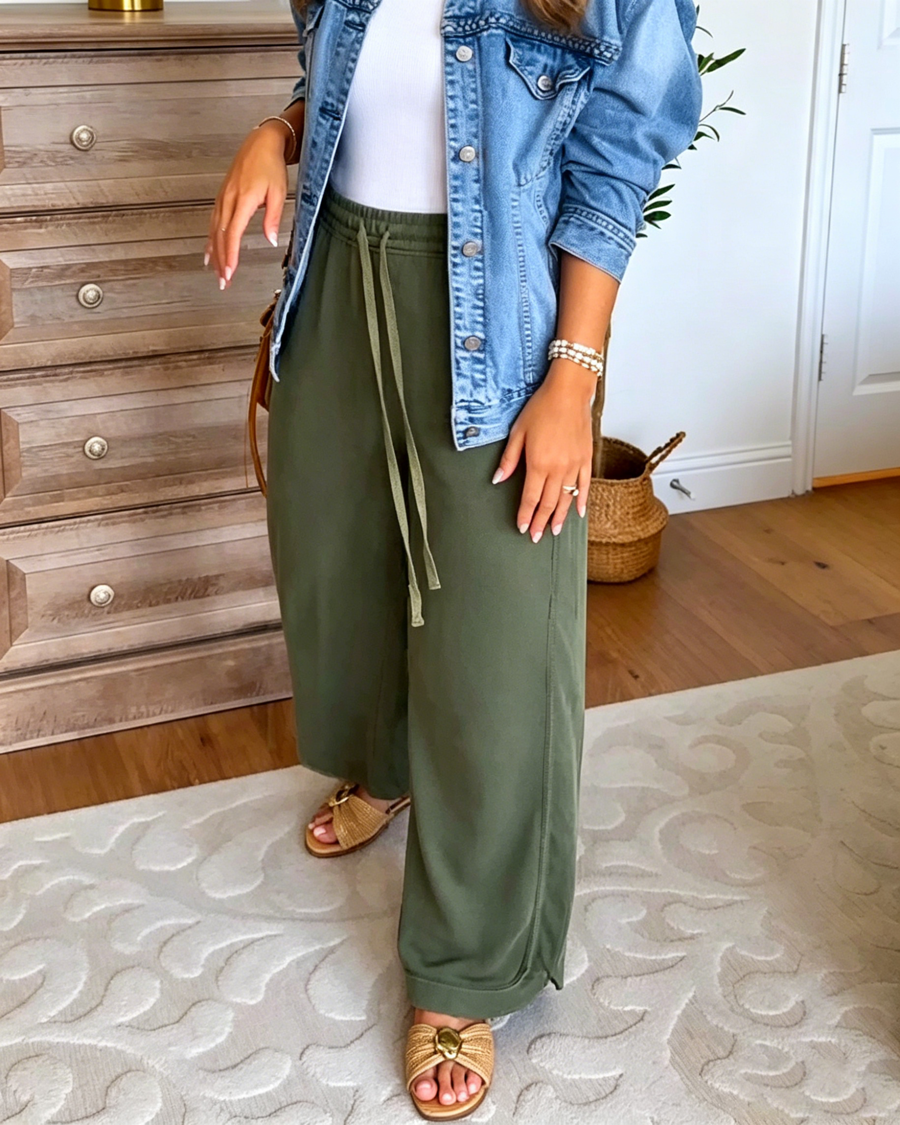Women's Elastic Drawstring Waist Soft French Terry Wide Leg Casual Lounge Pant