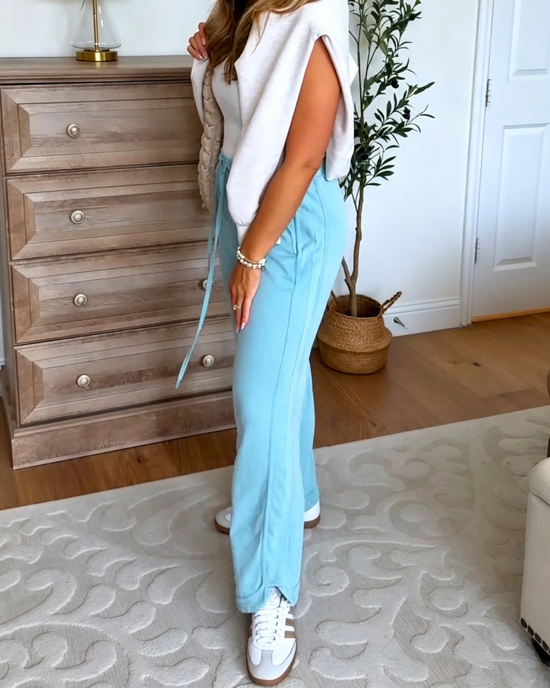 Women's Elastic Drawstring Waist Soft French Terry Wide Leg Casual Lounge Pant