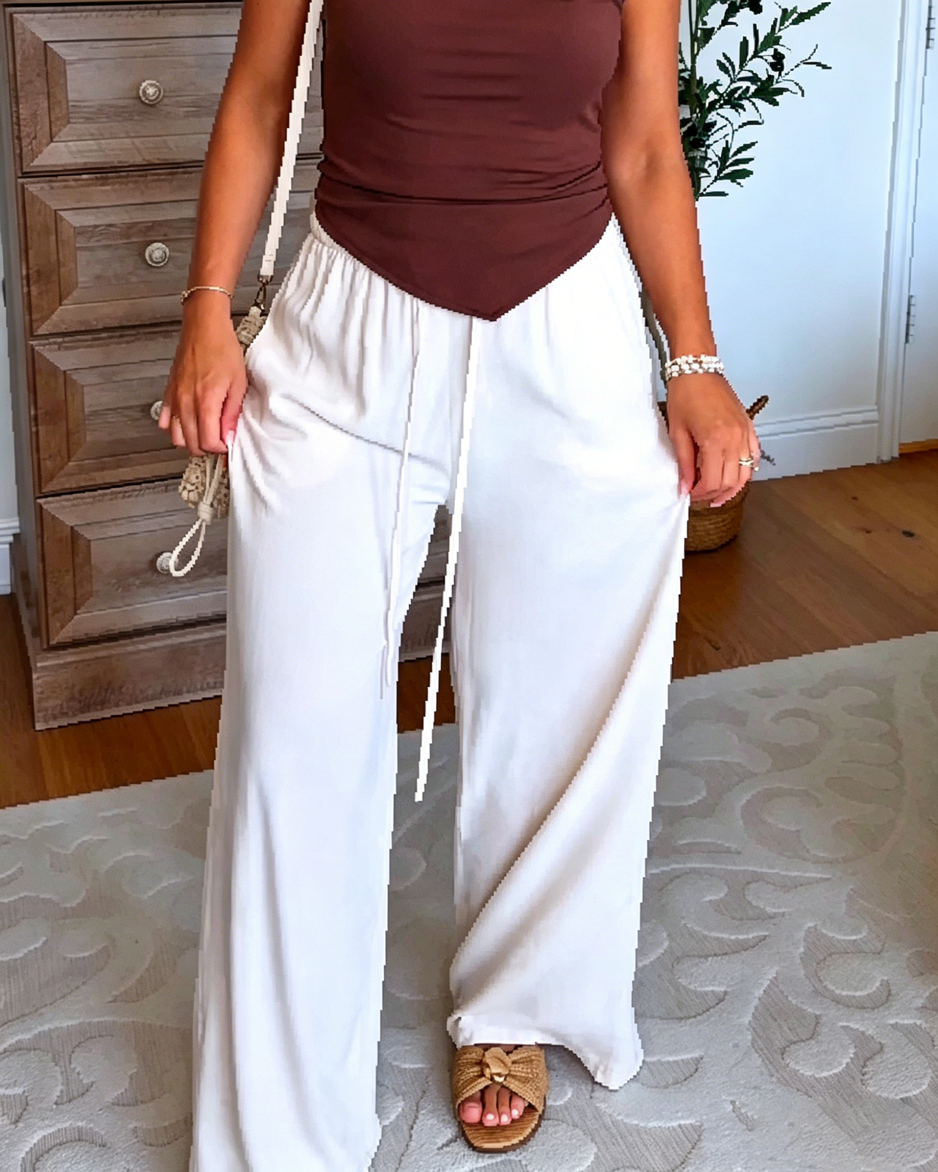 Women's Elastic Drawstring Waist Soft French Terry Wide Leg Casual Lounge Pant