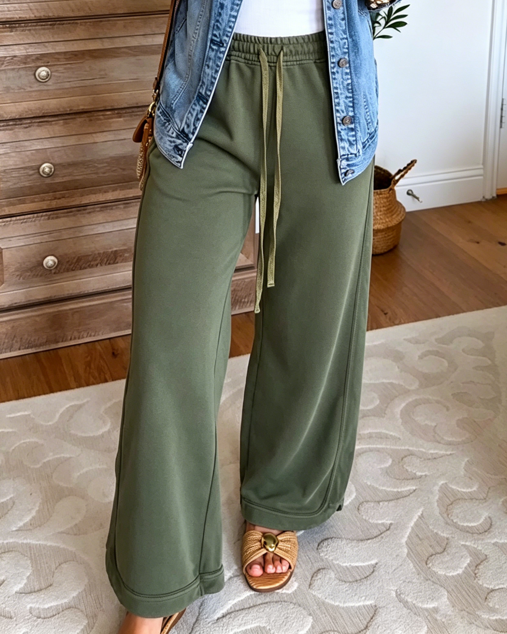 Women's Elastic Drawstring Waist Soft French Terry Wide Leg Casual Lounge Pant