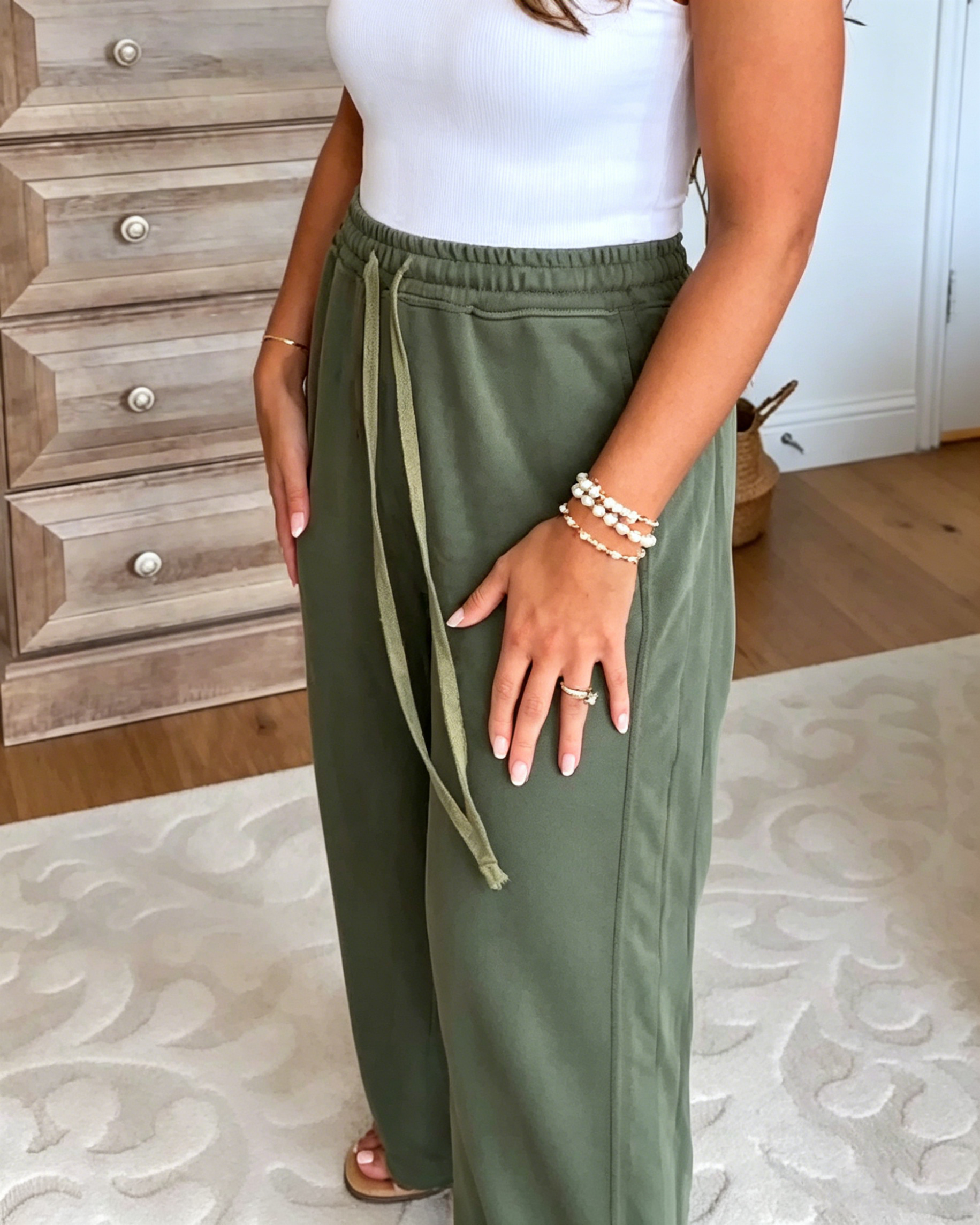 Women's Elastic Drawstring Waist Soft French Terry Wide Leg Casual Lounge Pant