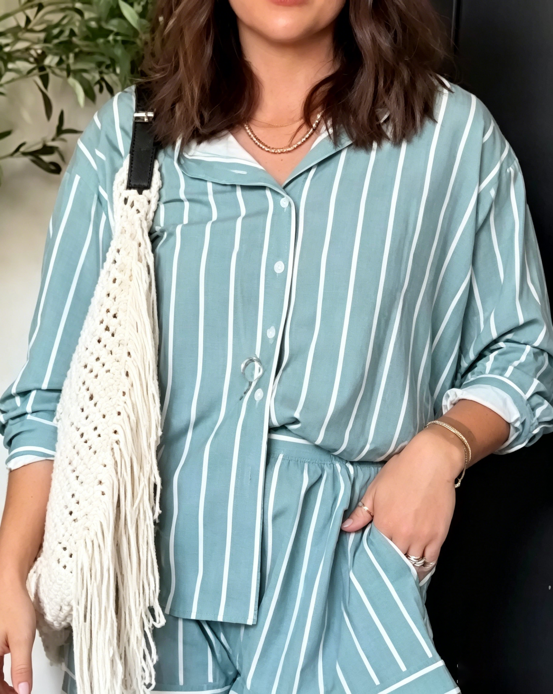 Women's Oversized Roll Sleeve Striped Button Shirt Elastic Waist Short Casual Two Piece Set