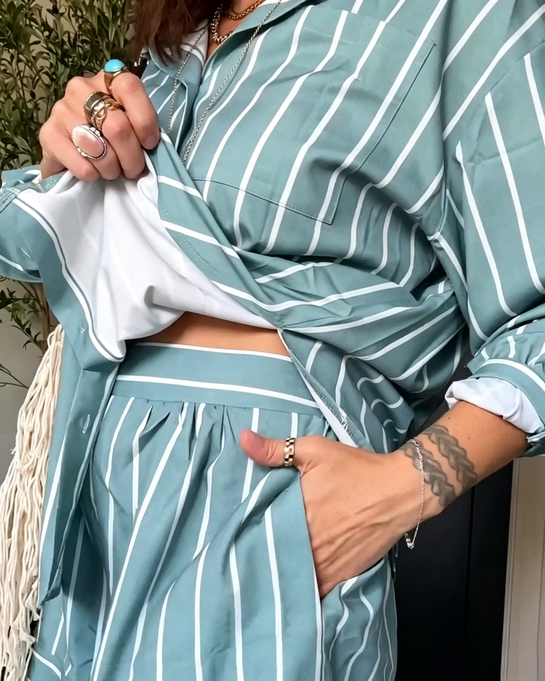 Women's Oversized Roll Sleeve Striped Button Shirt Elastic Waist Short Casual Two Piece Set