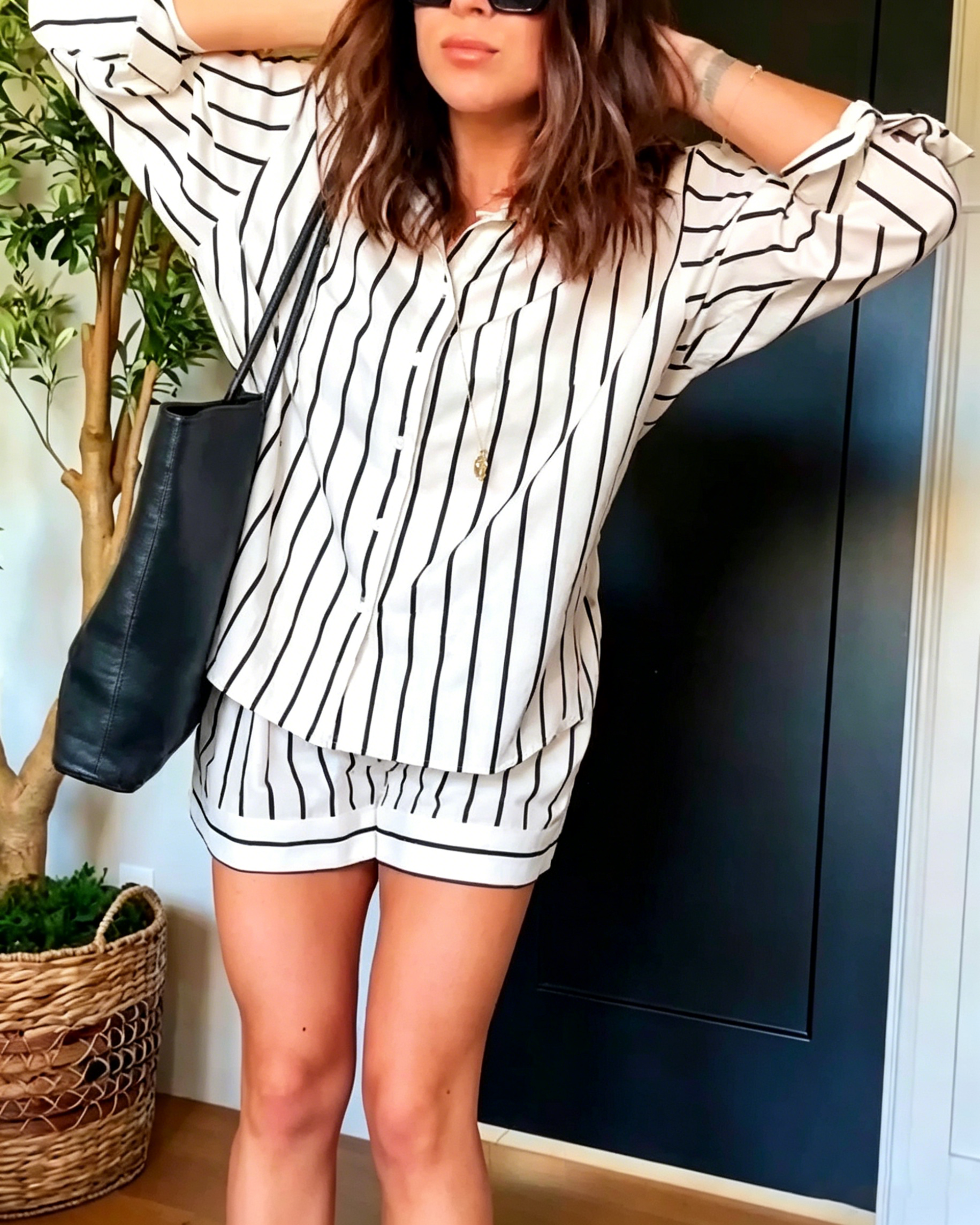 Women's Oversized Pocket Striped Button Down Shirt Matching Short Vacation Two Piece Set