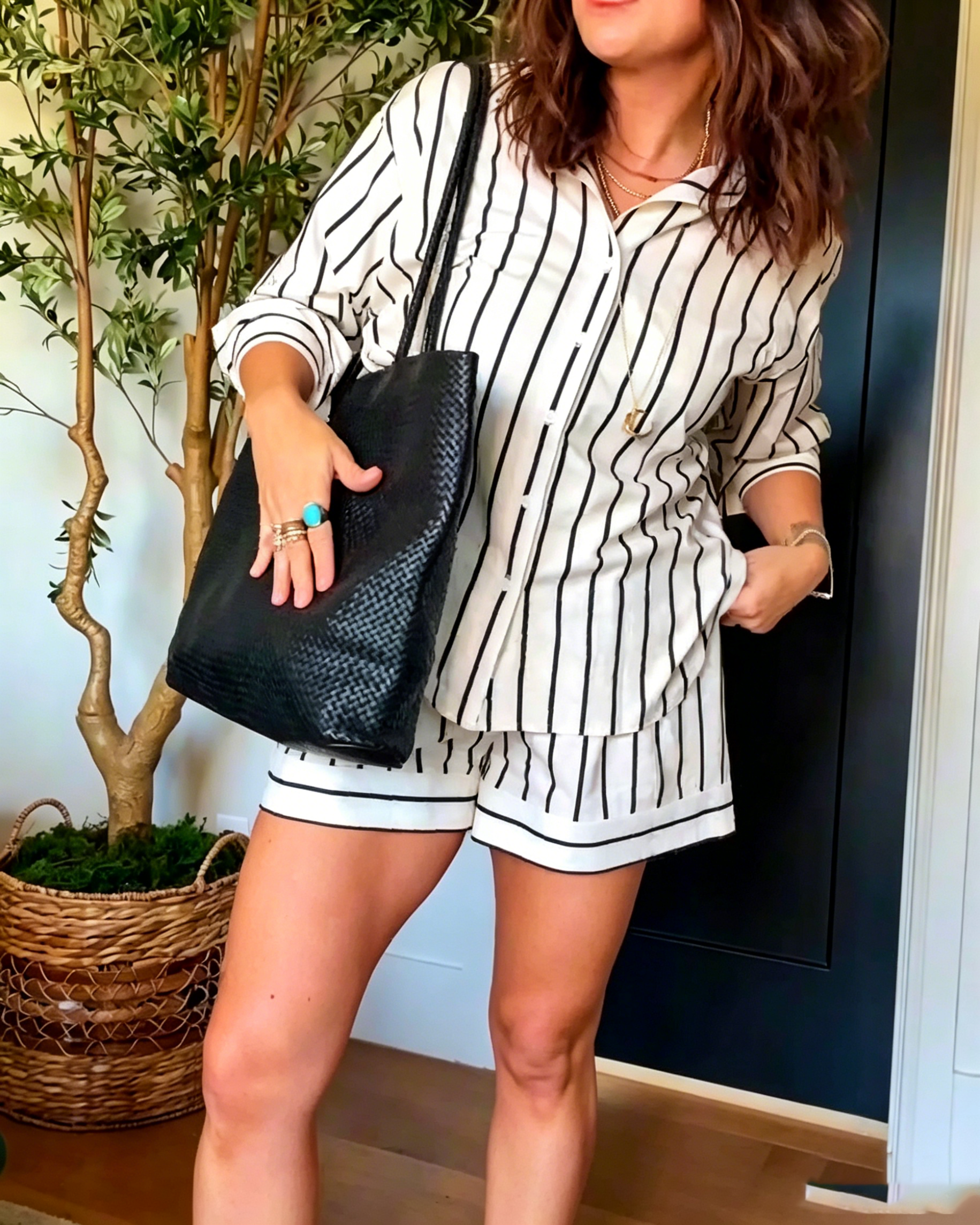 Women's Oversized Pocket Striped Button Down Shirt Matching Short Vacation Two Piece Set