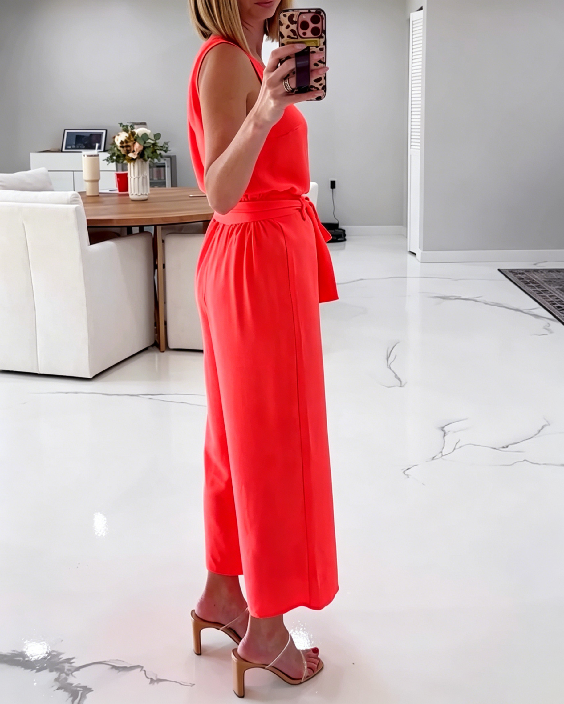 Women's Sleeveless V Neck Blouse Self Tie Waist Wide Leg Straight Pant Formal Two Piece Set