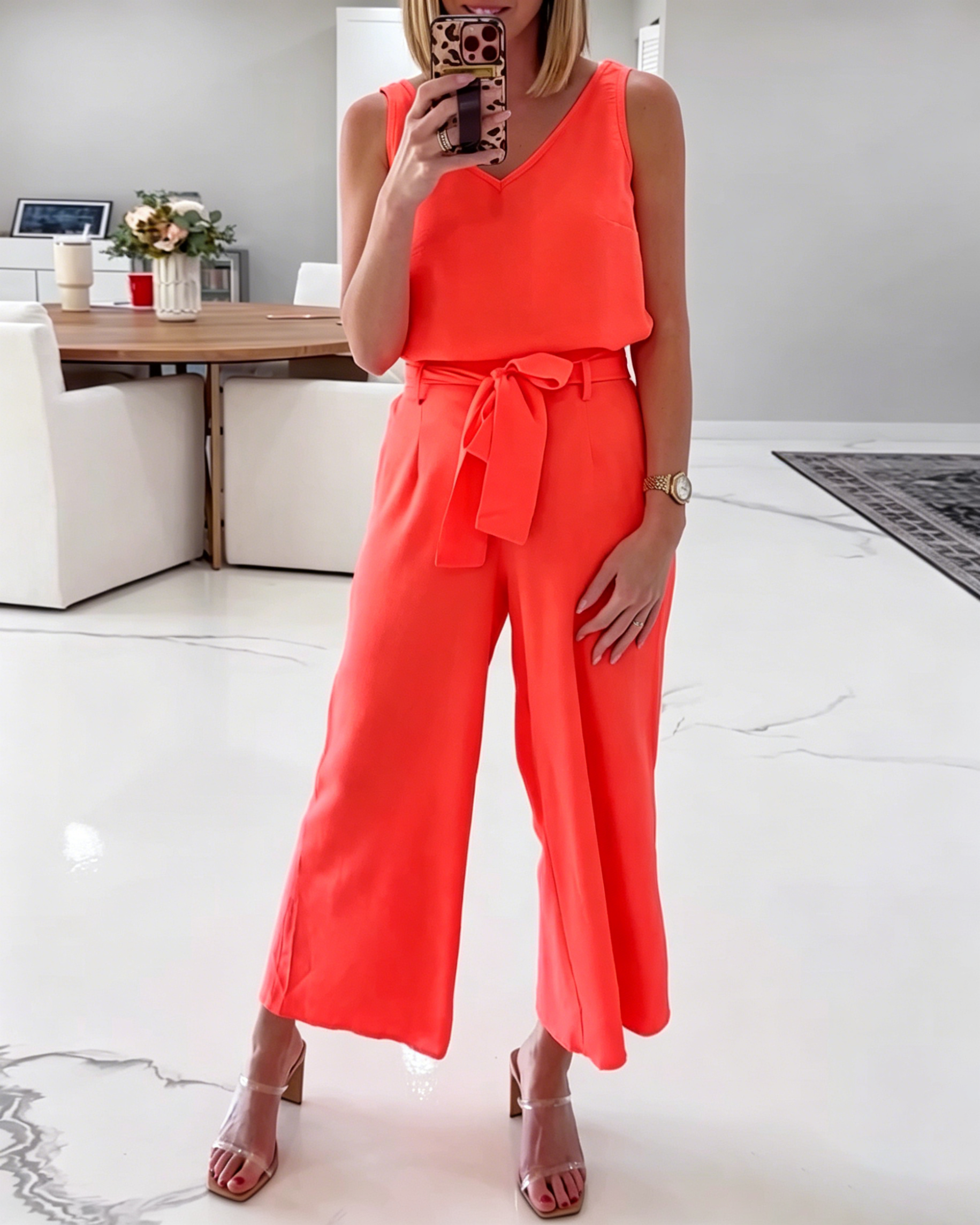 Women's Sleeveless V Neck Blouse Self Tie Waist Wide Leg Straight Pant Formal Two Piece Set