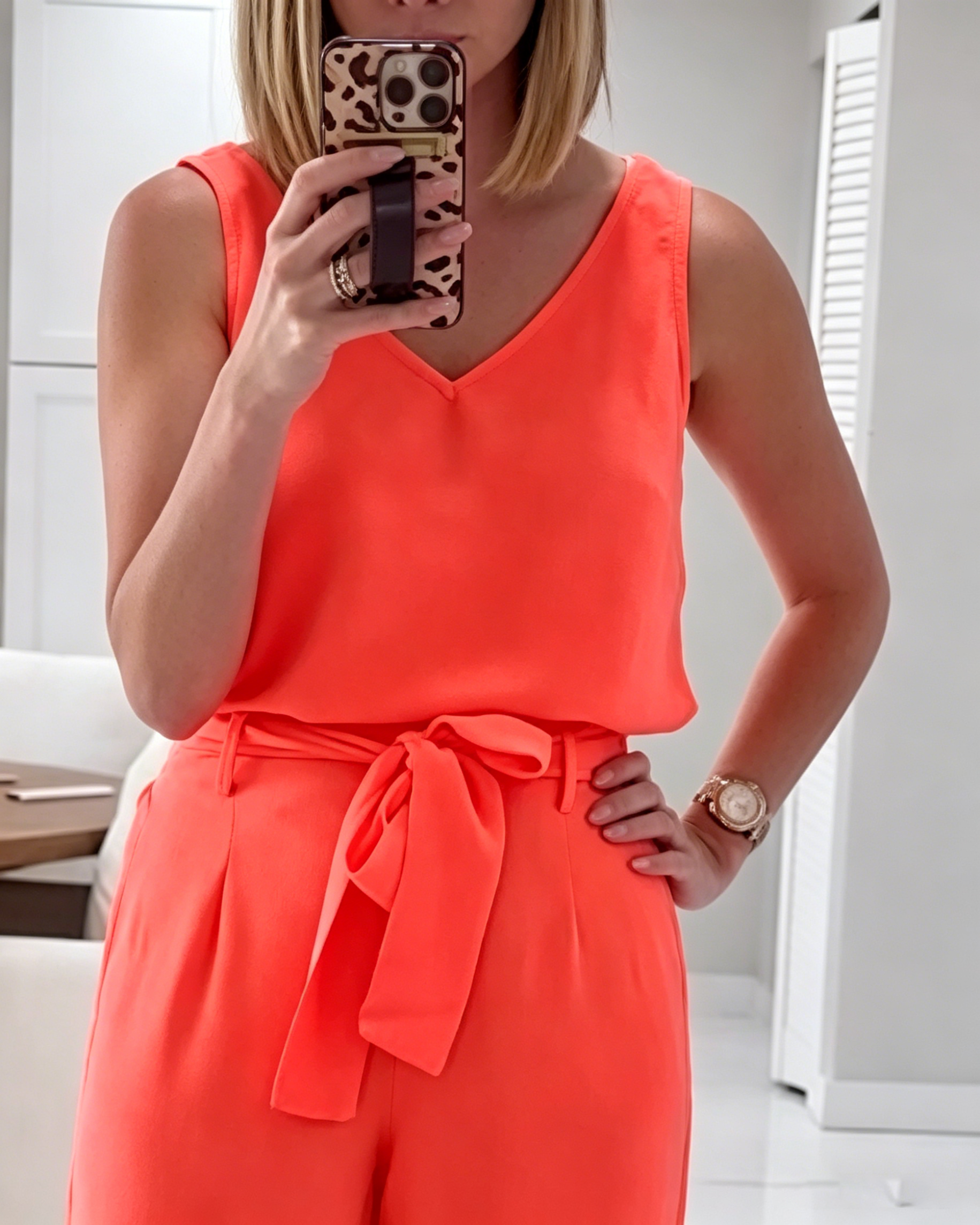 Women's Sleeveless V Neck Blouse Self Tie Waist Wide Leg Straight Pant Formal Two Piece Set