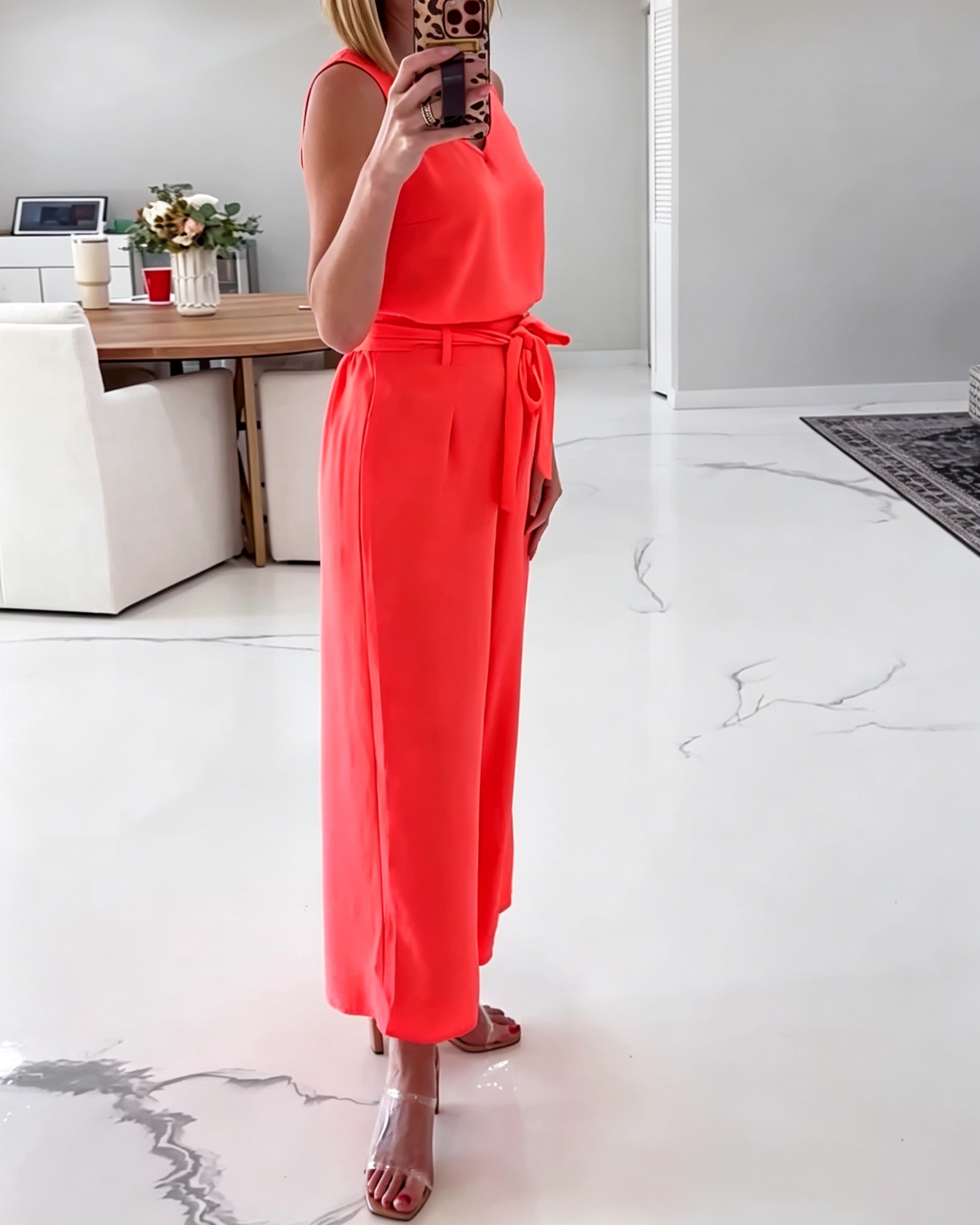 Women's Sleeveless V Neck Blouse Self Tie Waist Wide Leg Straight Pant Formal Two Piece Set