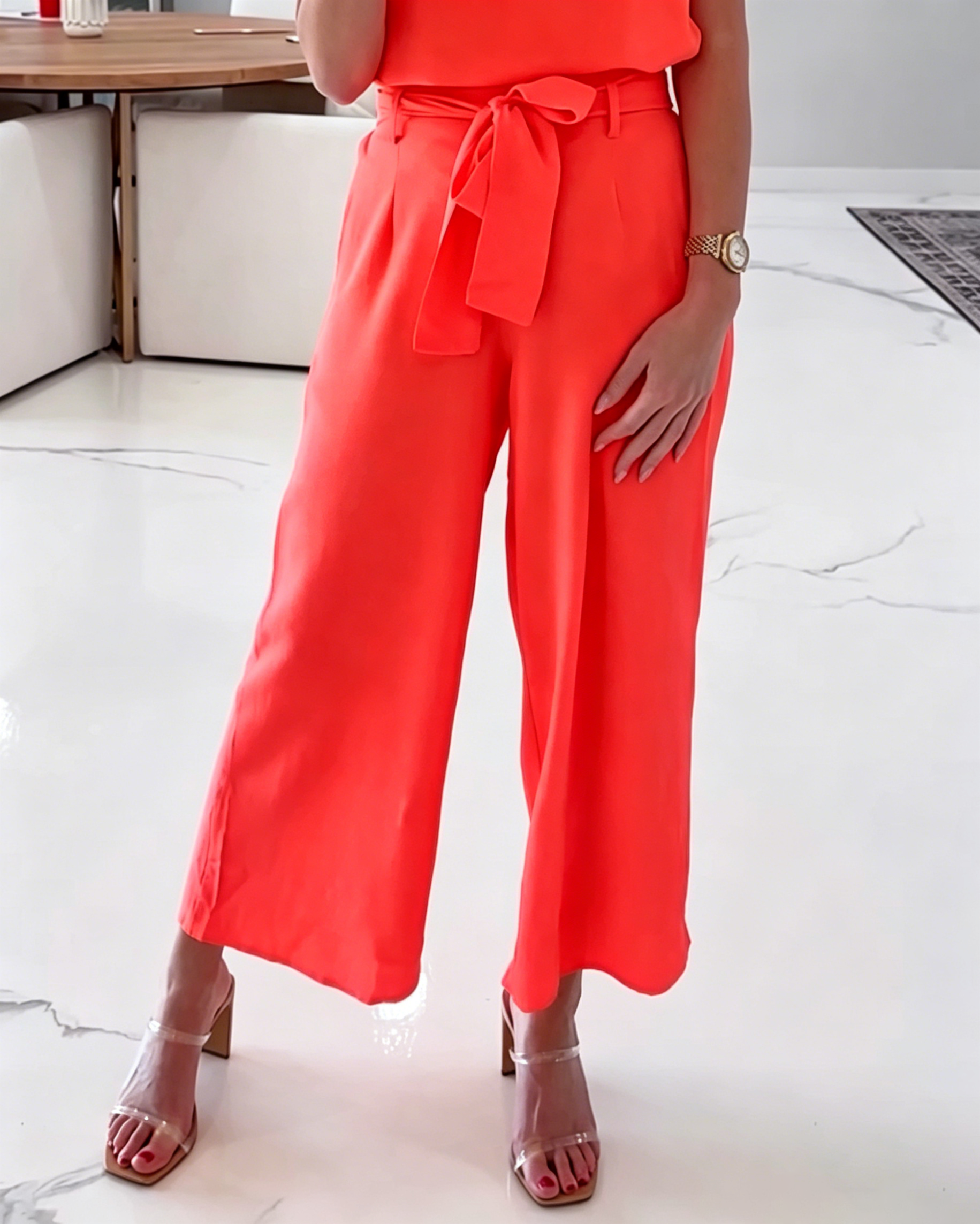 Women's Sleeveless V Neck Blouse Self Tie Waist Wide Leg Straight Pant Formal Two Piece Set