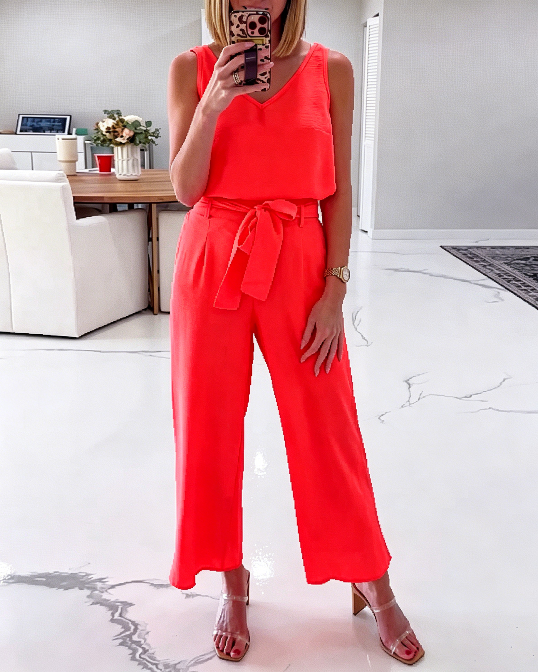Women's Sleeveless V Neck Blouse Self Tie Waist Wide Leg Straight Pant Formal Two Piece Set