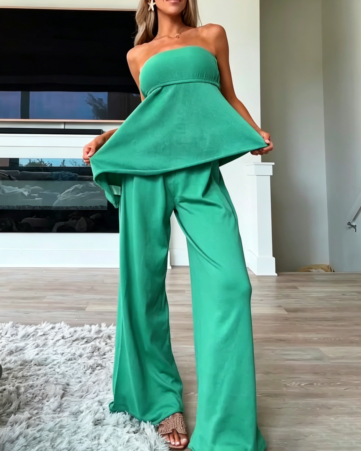 Women's Strapless Asymmetrical Hem Knit Top Wide Leg Loose Pant Matching Two Piece Set
