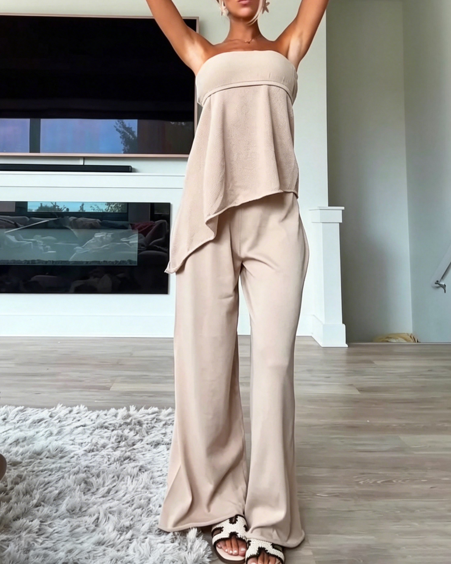 Women's Strapless Asymmetrical Hem Knit Top Wide Leg Loose Pant Matching Two Piece Set