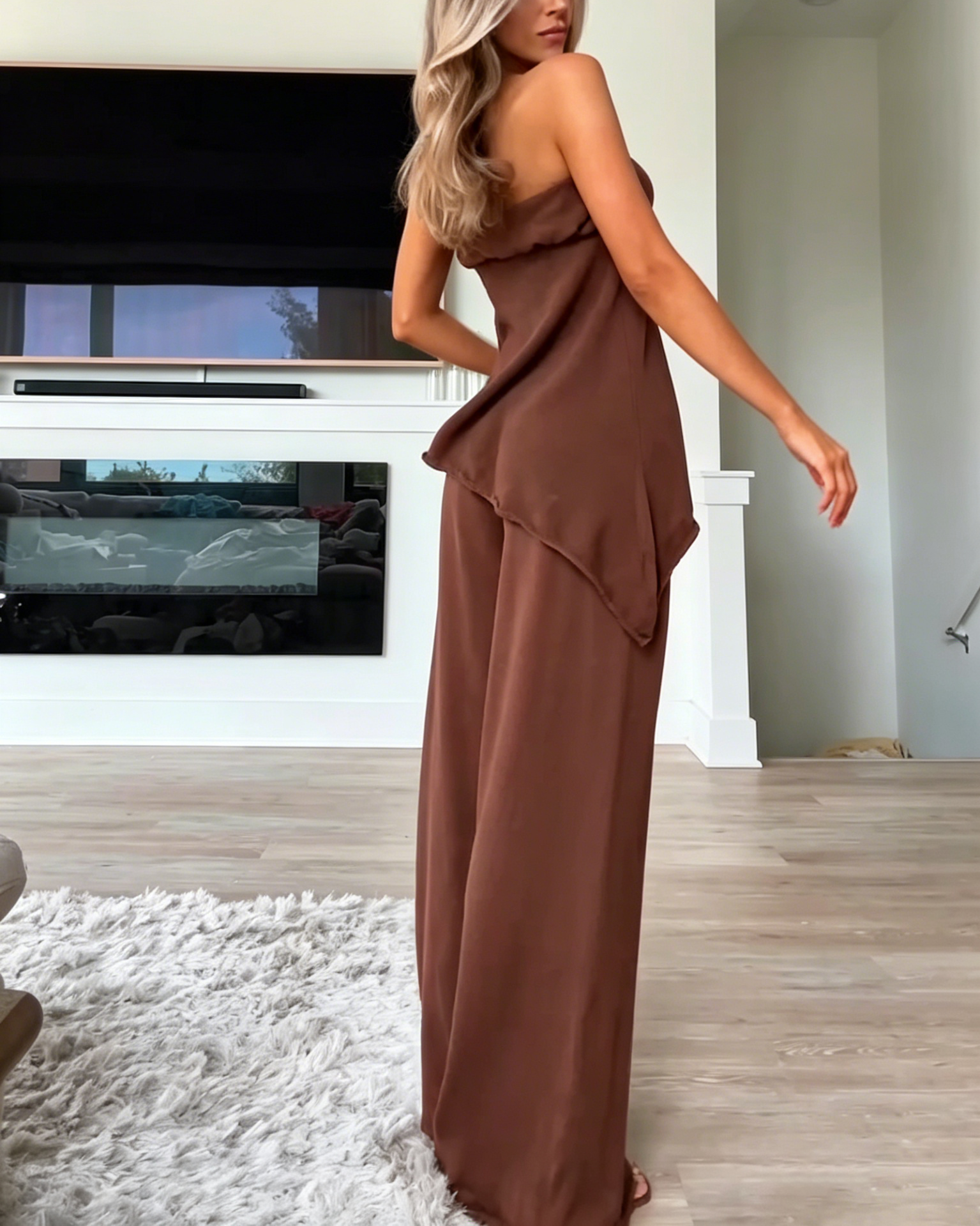Women's Strapless Asymmetrical Hem Knit Top Wide Leg Loose Pant Matching Two Piece Set