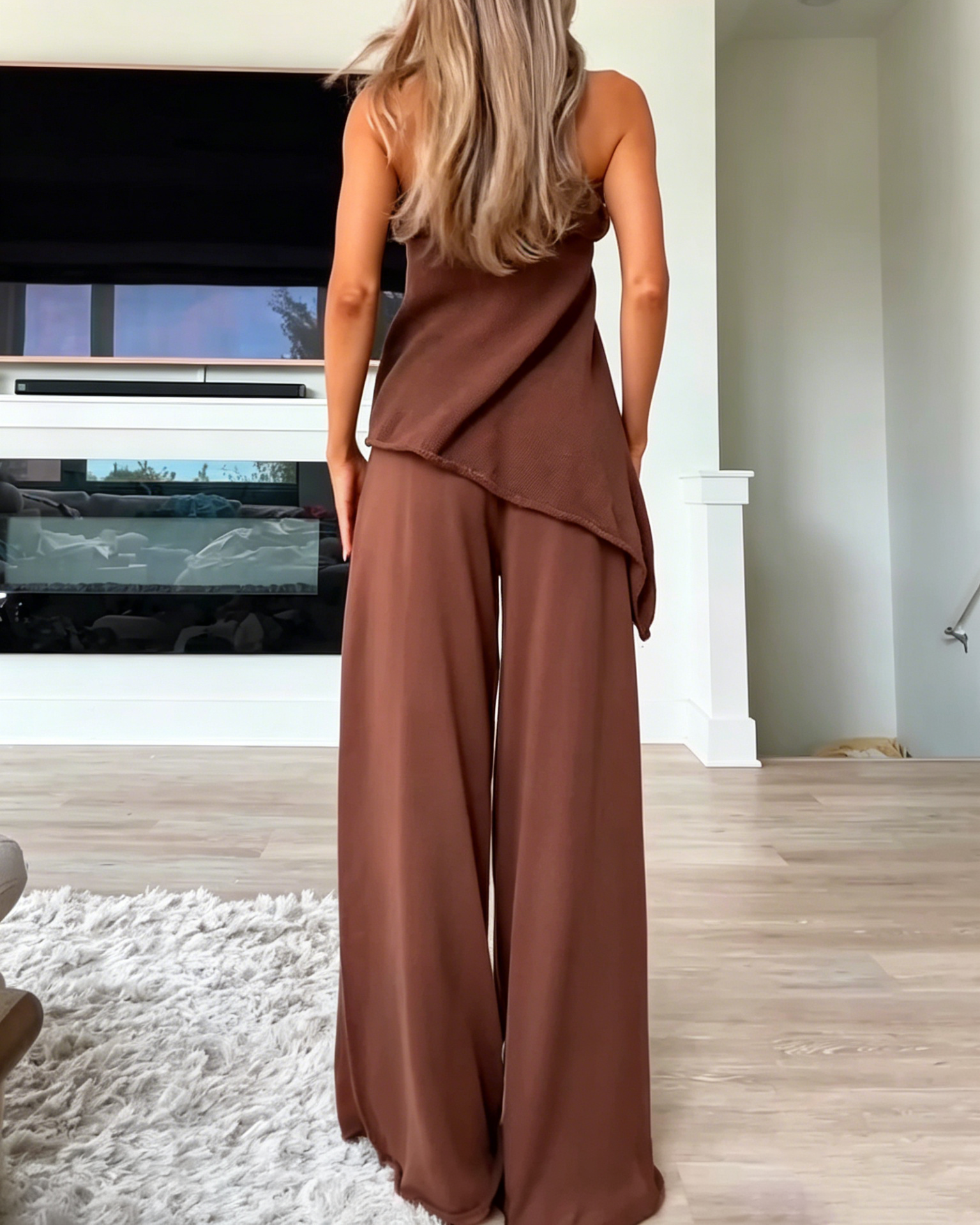 Women's Strapless Asymmetrical Hem Knit Top Wide Leg Loose Pant Matching Two Piece Set